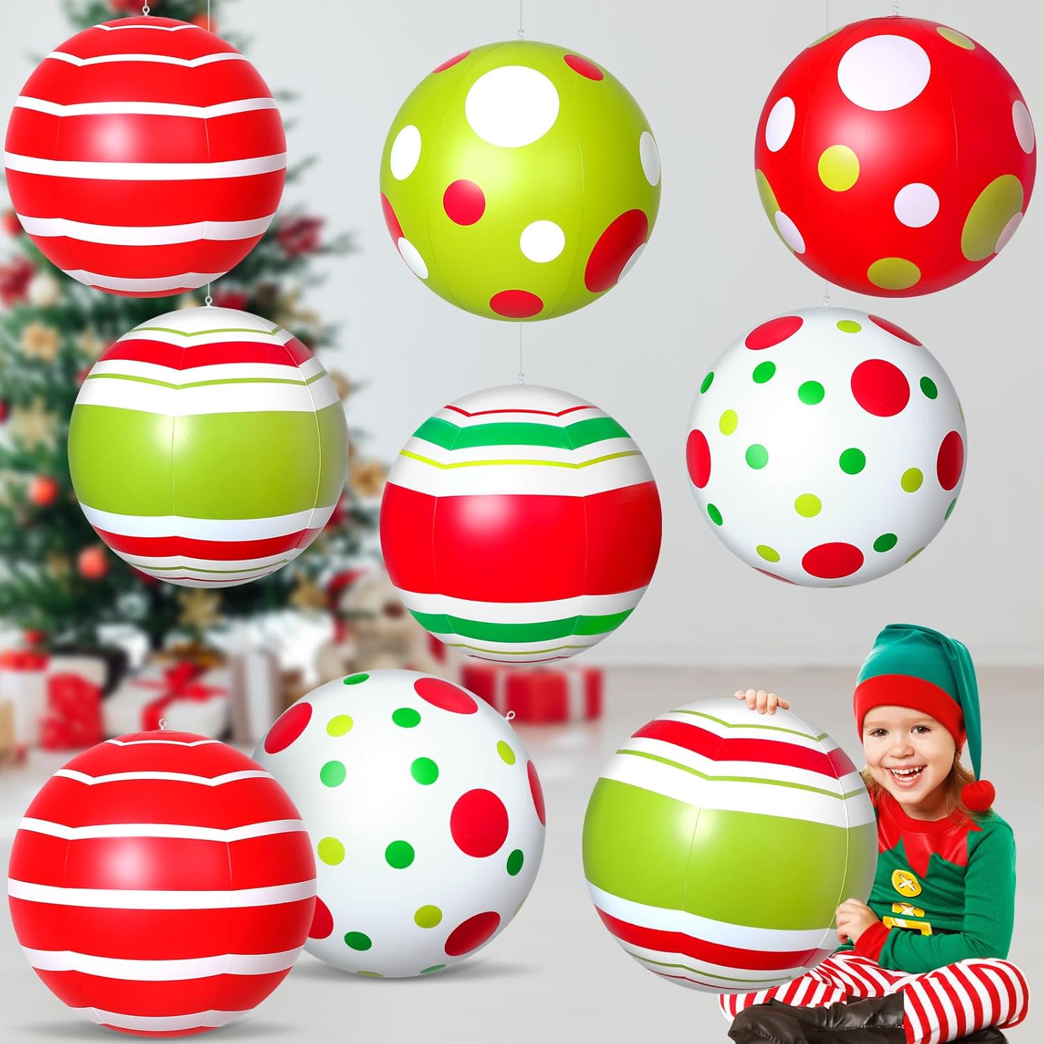 12 Pcs 24/16 Inch Giant Christmas Inflatable Ball Outdoor Blow up Xmas Inflatables Ornaments Giant PVC Christmas Ornaments for Tree Yards Lawns Porch Garden Front Doors Holiday Decor(24 Inch)