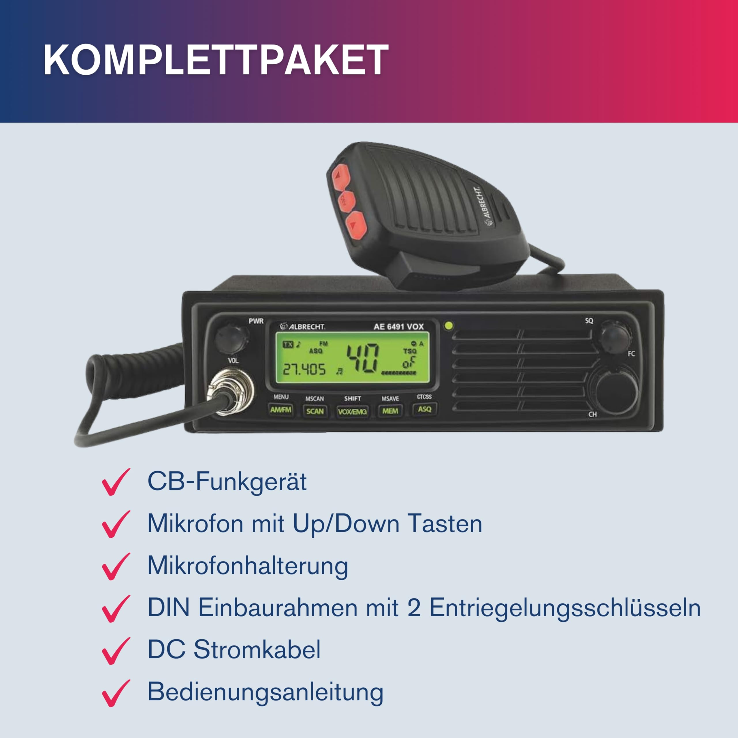 Albrecht AE 6491 VOX CB-Funkgerät, mit VOX Freisprechfunktion für die freihändige Nutzung in Auto & LKW, CB-Funk mit ASQ & CTCSS, 12/24 Volt, schwarz
