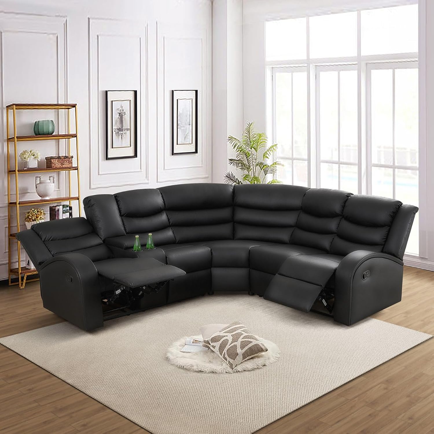Manual Recliner Sectional Sofa,Living Room Furniture Set, 5-Seater Black Manual Sectional Sofa, Breathing Leather Recliner Couch Sets with Cupholders, Cup Holders, Storage for Office/Home