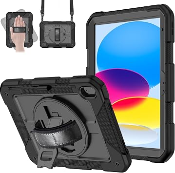 MENZO Case for iPad A16 11th Generation 11 Inch 2025, iPad 10th Gen 2022 10.9 inch, 360 Rotating Stand, Built-in Pencil Holder, Convenient Hand and Shoulder Strap, Durable Shockproof, Black