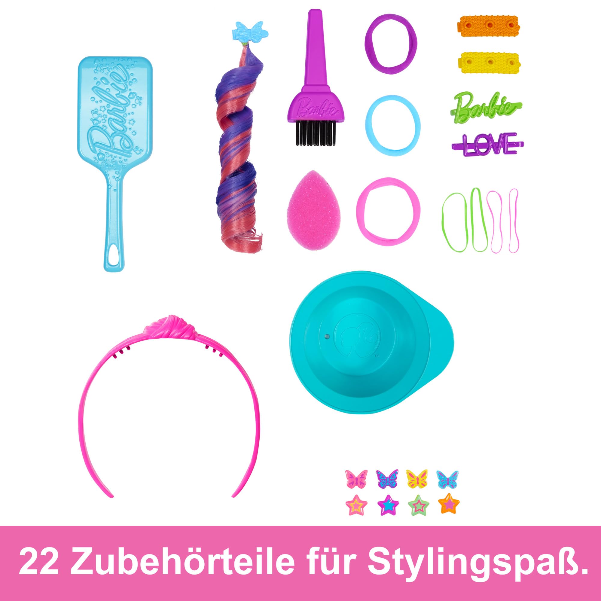 Barbie HMD80 Puppe Deluxe Styling-Kopf, Totally Hair, wellige braune Neon-Regenbogen-Haare, Puppenkopf für Haar-Styling, Color Reveal-Zubehörteile, ab 3 Jahren