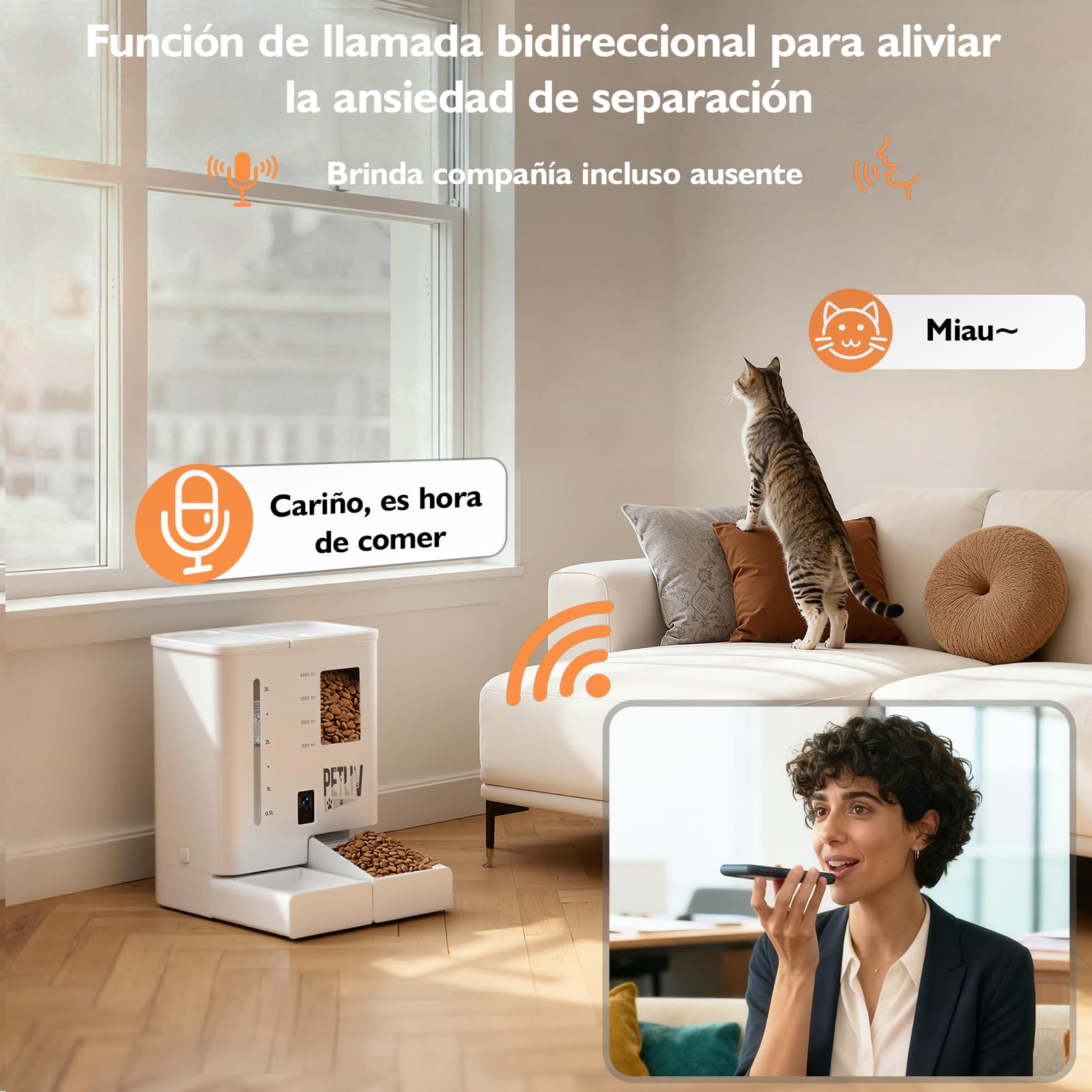 Comedero Automático para Gatos con Cámara 2K HD Visión Nocturna, WiFi 2,4G/5G Control por App, Audio Bidireccional Anti Atascos, Doble Alimentación, Depósito 5L Comida y 4L Agua