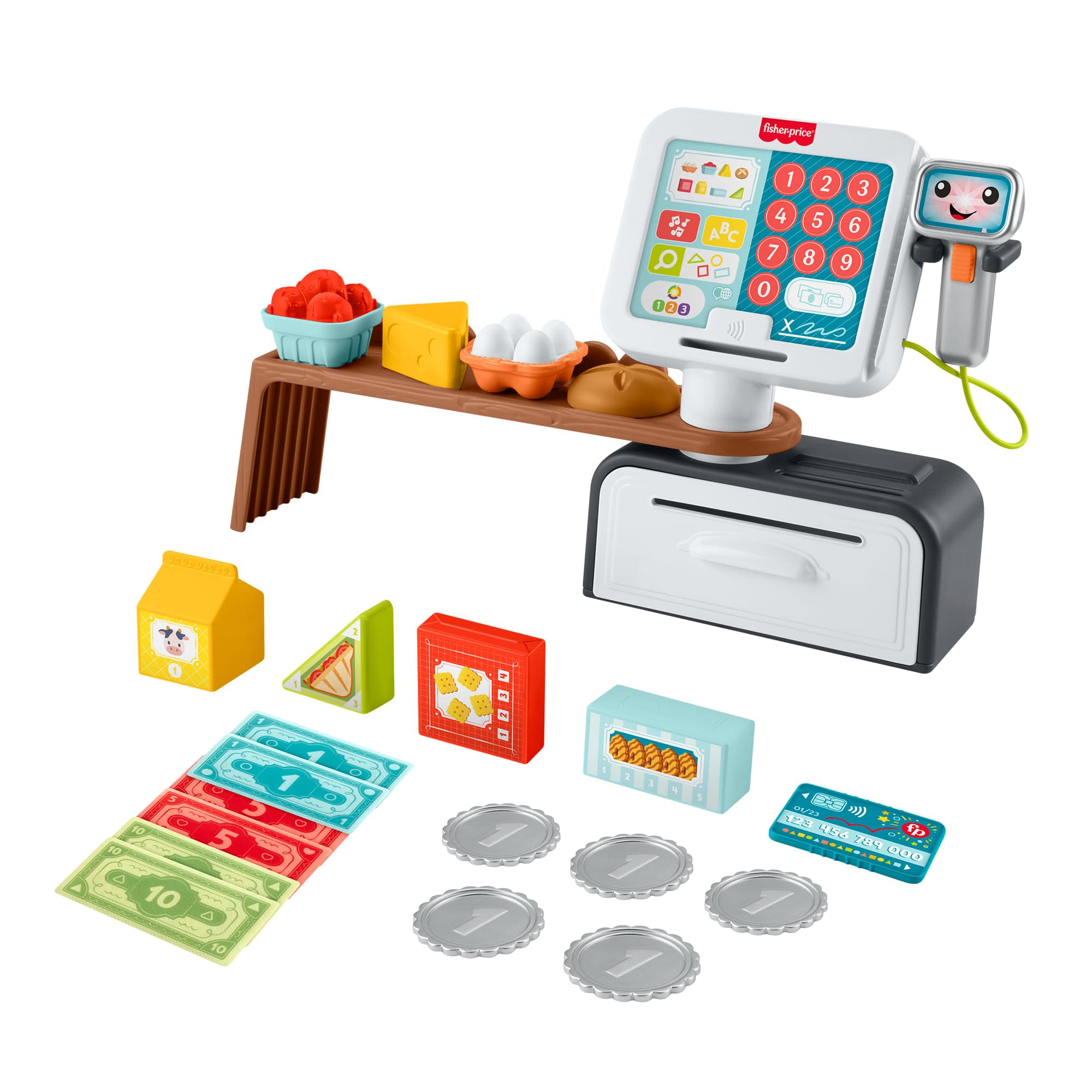 Fisher-Price Laugh & Learn Juguete de aprendizaje para niñas y niños pequeños Caja registradora para contar y comprar, tienda de juguete con 20 piezas, versión multilingüe, a partir de 2 años, JGX00