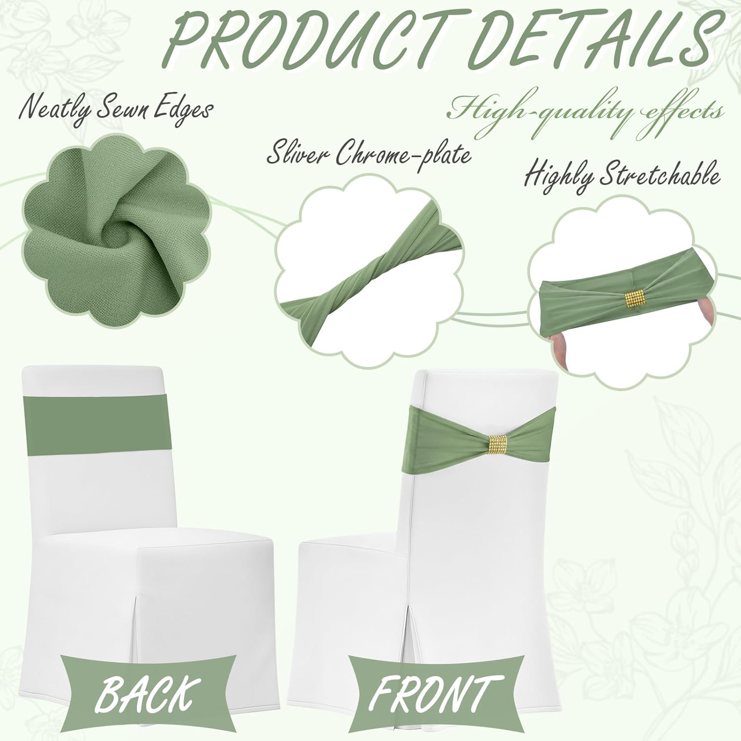 Hahafelt 100 Pcs Spandex Chair Sashes Bows with Rhinestone Ring Buckle Slider Elastic Universal Bowknot Chair Cover Bands Ties for Wedding Banquet Ceremony Event Party Decoration(Sage Green)