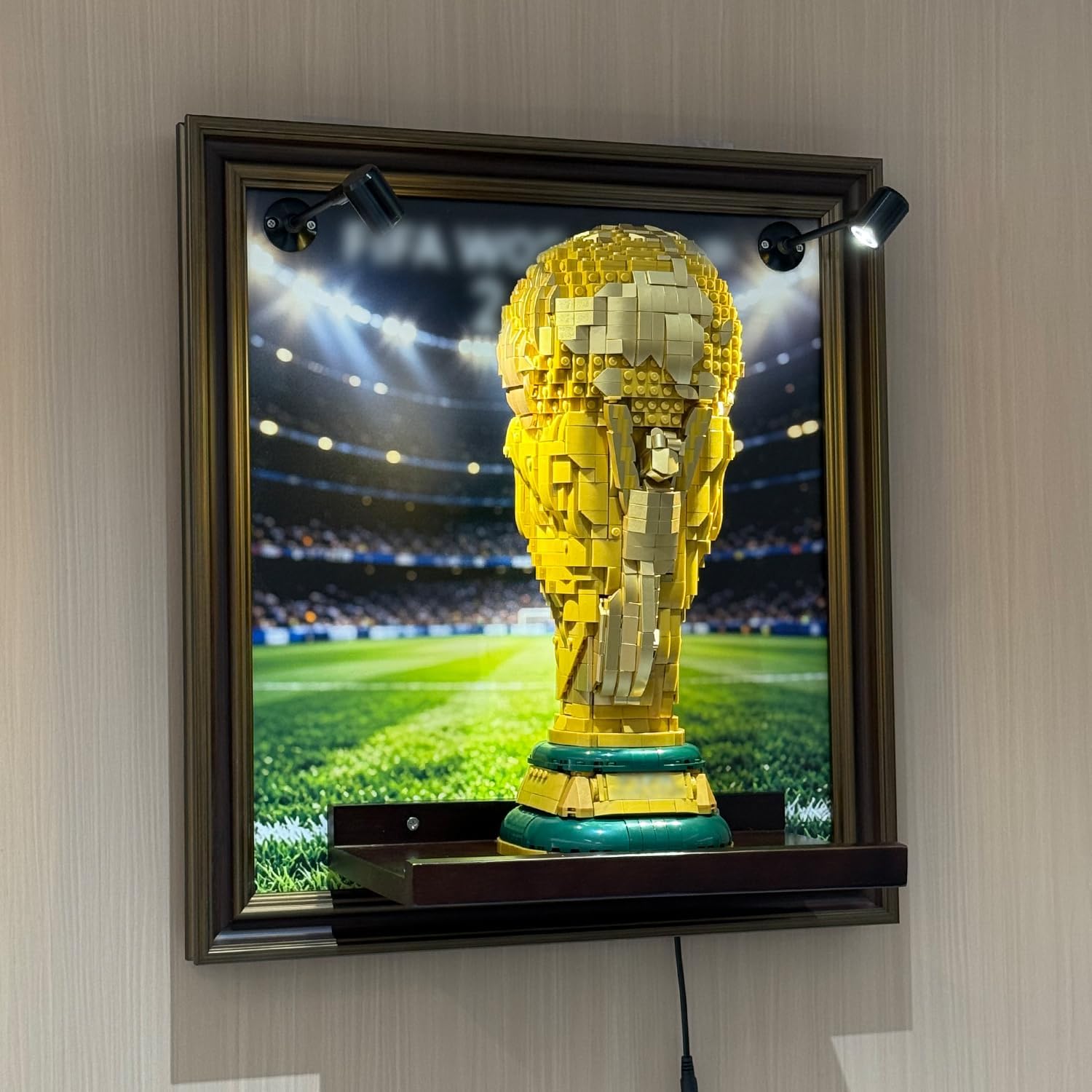 iLuane Display Wallboard for LEGO World Cup 2026 Trophy Building Set 43020, Wall Mount for Display in Bedroom, Home Office, Book Shelf, Soccer Fans Collectible, with LED Light (No Trophy Included)