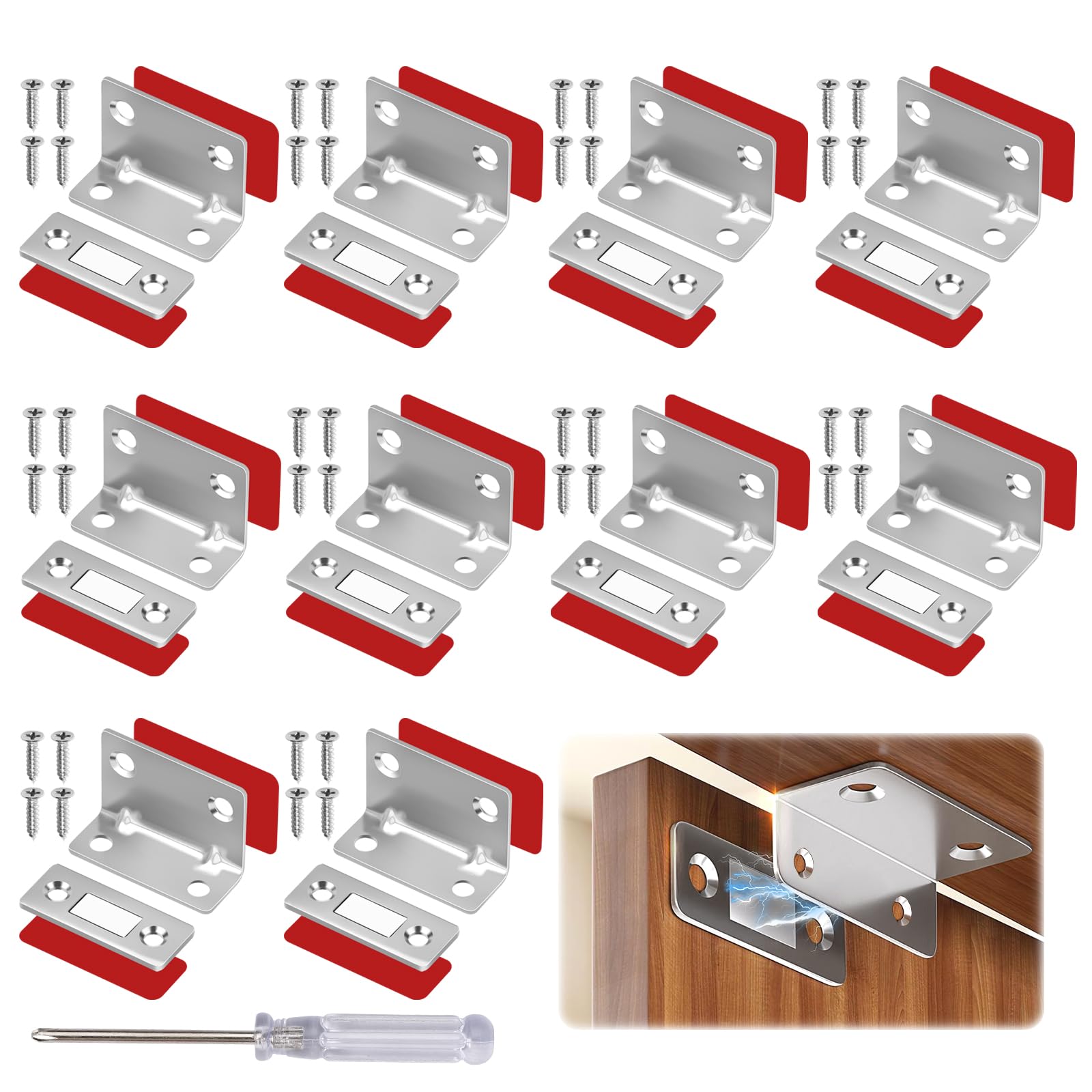 Magneet voor kastdeuren, 8 stuks ultradunne deurmagneet, roestvrijstalen magneten voor kasten, zelfklevende magneetvergrendeling voor keukenkasten, laden en kleerkasten, zilver