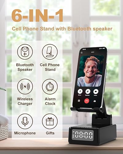 Miniatura 3 de Regalos para hombres Soporte de teléfono celular con altavoz Bluetooth inalámbrico y cargador inalámbrico, soporte de cargador de teléfono con reloj