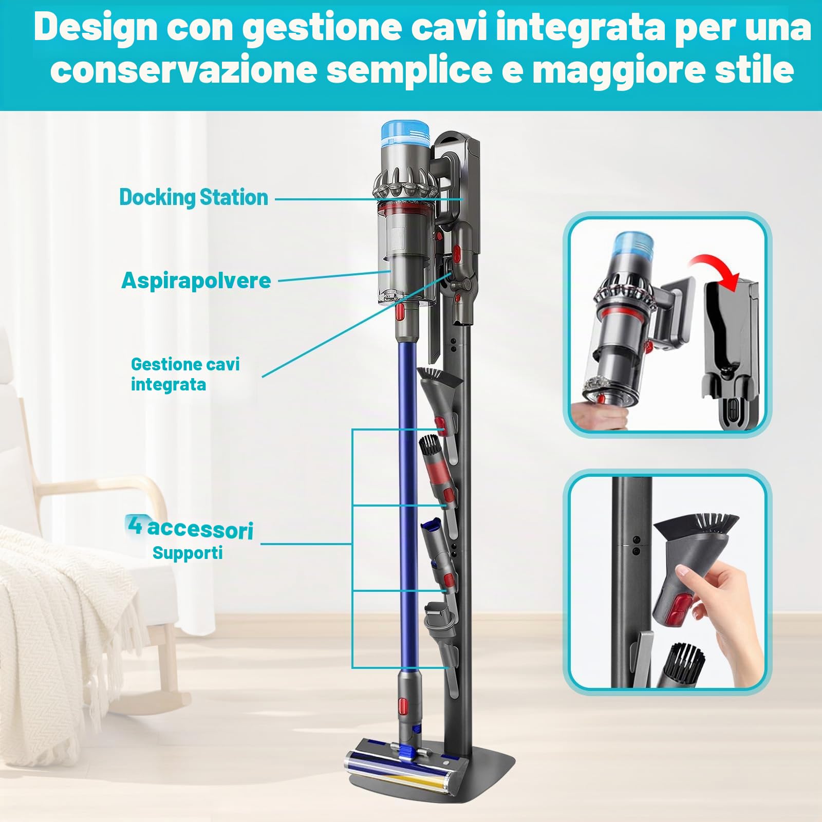 FrontLine - Supporto per aspirapolvere per Dyson Gen5, V8, V15, V12, V11, V10, V7, V6, in metallo, stabile, senza fori, da pavimento, organizer salvaspazio con 4 ganci per aspirapolvere Dyson cordless