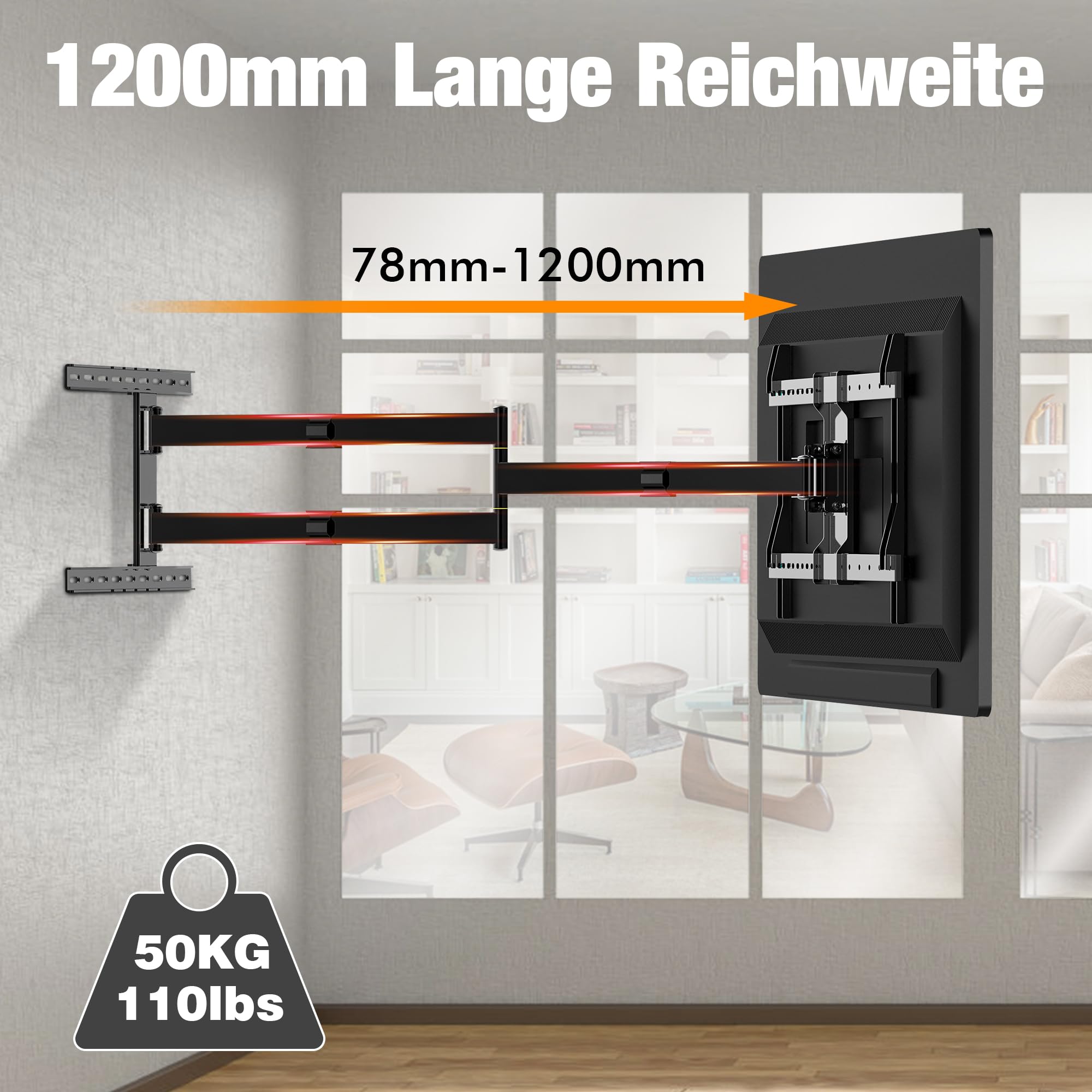 1200mm Wandabstand, Tv Wandhalterung, Langer Schwenkarm, Neigen, Schwenken, Rotieren, Ausziehen, 32-80 Zoll LCD/LED/OLED Fernseher 50 kg Tragkraft VESA 600x400mm Tv-Halterung | Rotieren, Ausziehen, 32-80 Zoll LCD/LED/OLED Fernseher 50 kg Tragkraft VESA 60