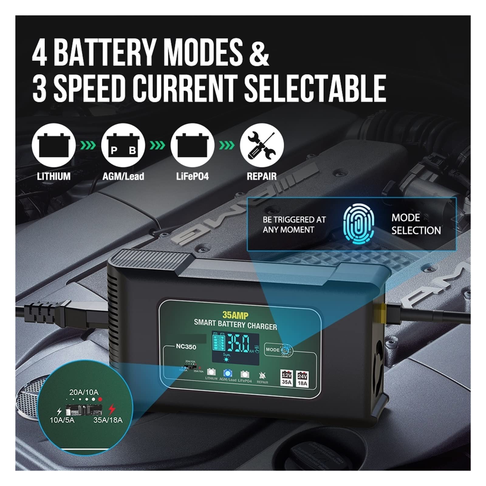Chargeur de Batterie, 35A chargeur de batterie de voiture réparation d'impulsion affichage LCD Charge rapide intelligente for les Batteries Lithium-acide de plomb de camion de Moto automatique