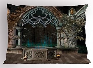 Ambesonne Gothic Pillow Sham Set of 2, Patio with Enchanted Wishing Well Ivy on Antique Gateway to Forest, Quality Microfiber Bedding Item for All Seasons, 30