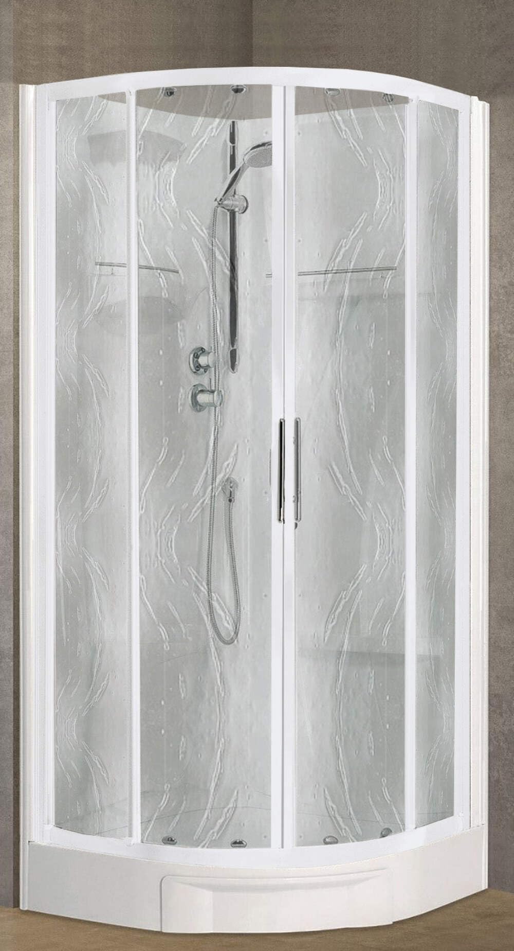 Novellini New Holiday R90 Standard 90 x 90 cm Cabina de ducha multifunción curva redonda 2 puertas correderas y 2 fijas ángulo izquierdo derecho mezclador termostático cristal Aqua perfil blanco