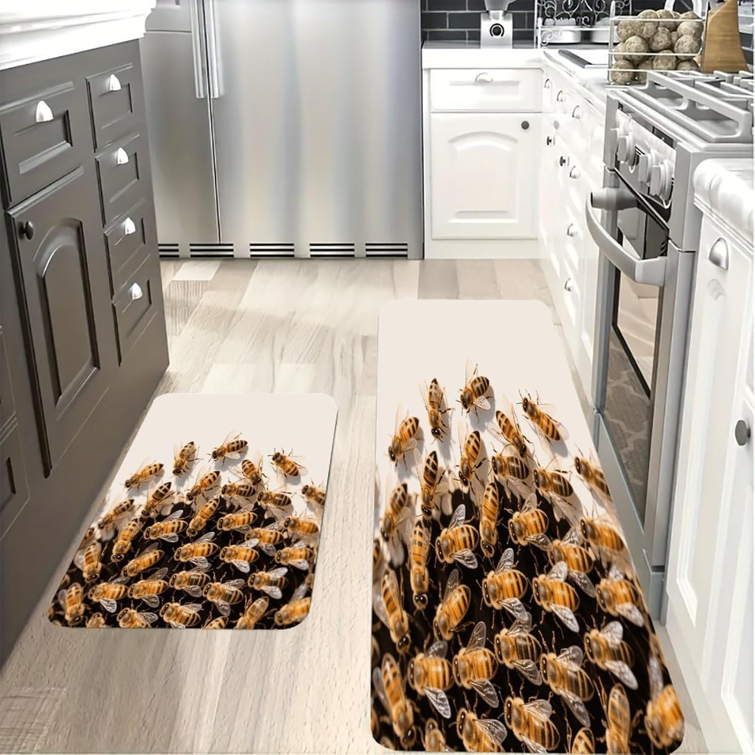 Bees Kitchen Mat Set of 2 Ergonomic Comfort Velvet Rugs Cushioned Anti-Fatigue Non-Slip Standing Mats Thick Kitchen Floor Mat Carpet Runner Rugs 16"×24"+17"×47"