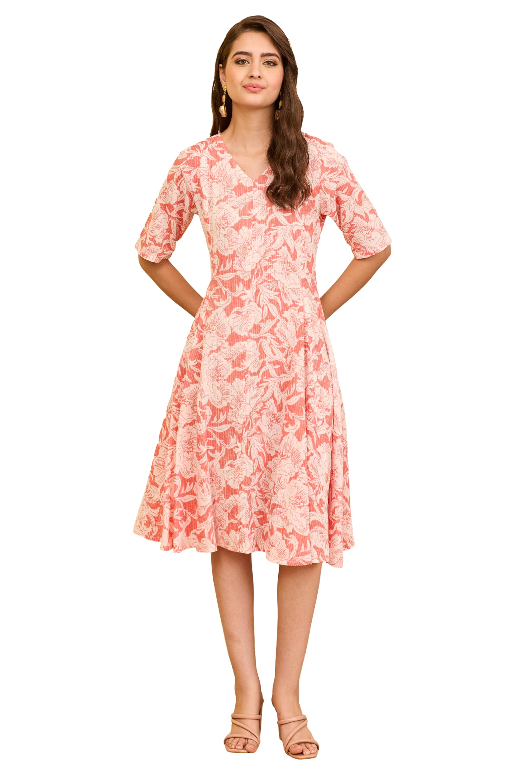 janasya Women's Coral Pure Cotton Floral Printed A-line Flared Dress-picture-30