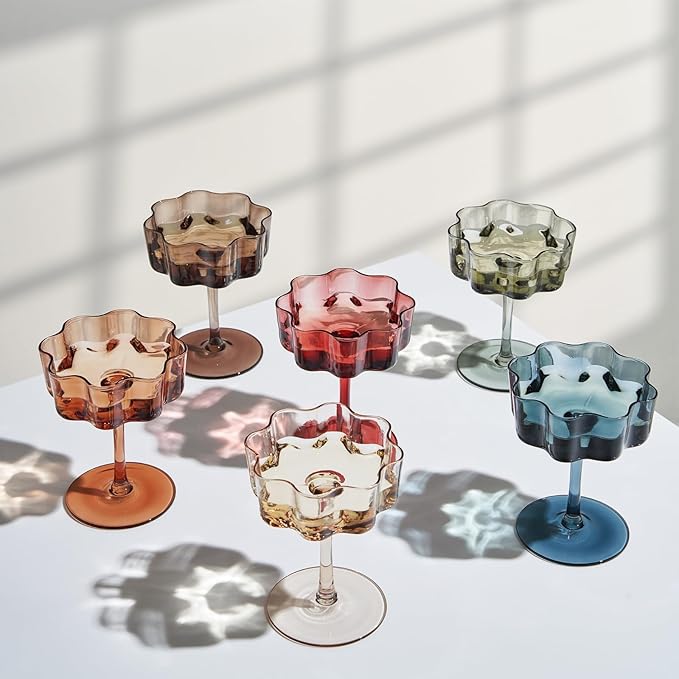 Khen Flower Vintage Wavy Glass Coupes Martini, Champagne & Cocktail Coupes - Set of 6-7oz Colorful Cocktail Glasses & Champagne, Prosecco, Mimosa Glassware Copyright Design - Muted Pastel Colors