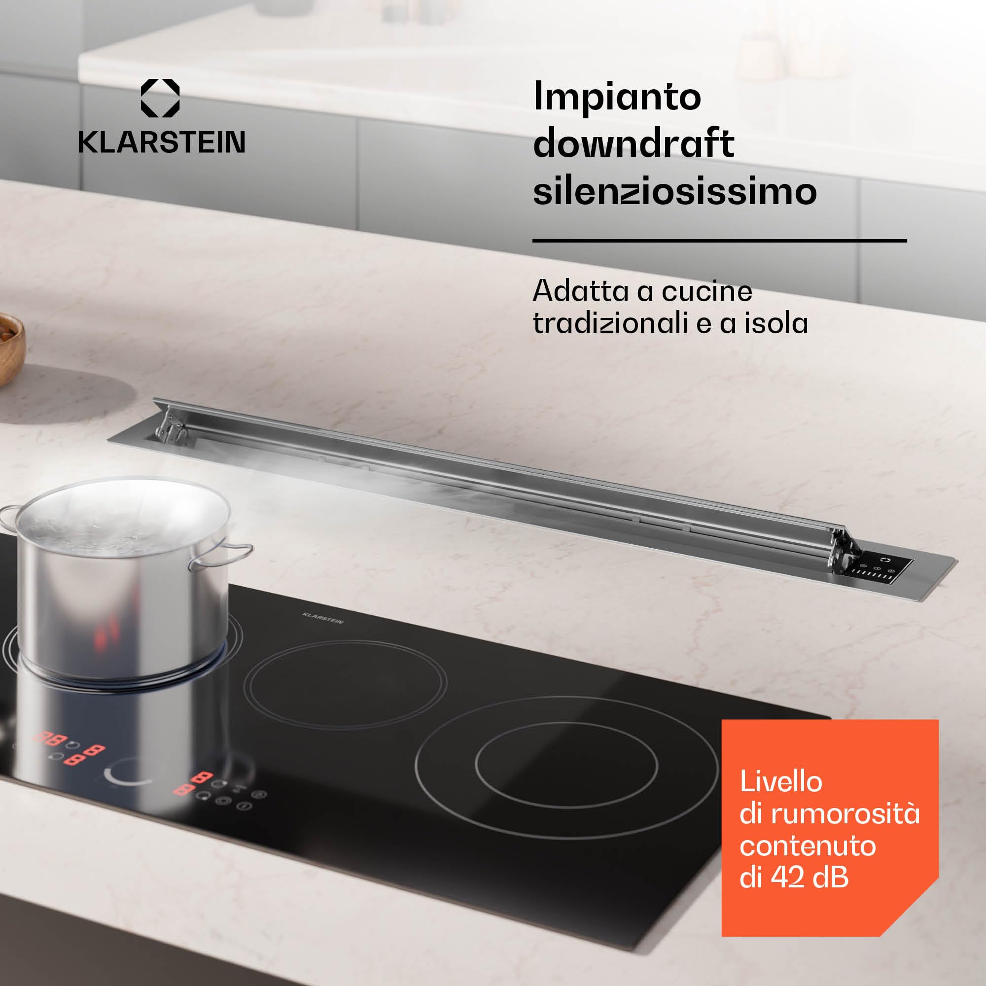 Cuffia da cucina Klarstein 90cm, cuffia di aspirazione downdraft, flusso d'aria 708m³/h, 3 velocità, comandi a sfioramento, modalità booster, cuffia di aspirazione retrattile 90cm