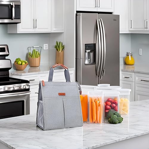 Vista 8 de Lacdo Bolsa de almuerzo para mujeres y hombres, bolsas de almuerzo aisladas, impermeable, reutilizable, suave, hielera con bolsillos para el Gris