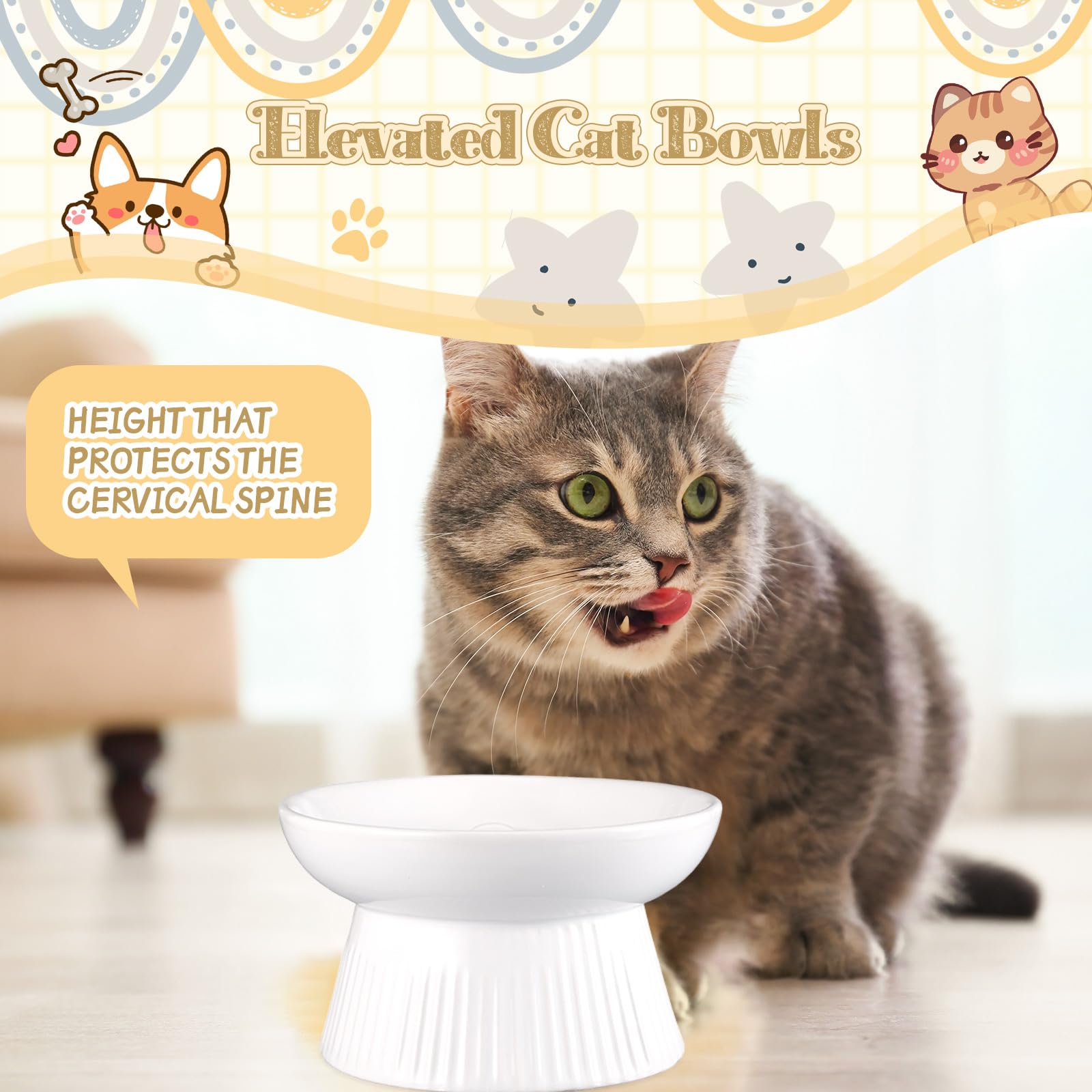 Layhit Lot de 2 gamelles surélevées en céramique pour chat - Anti-vomissements - Pour nourriture sèche et humide - Blanc