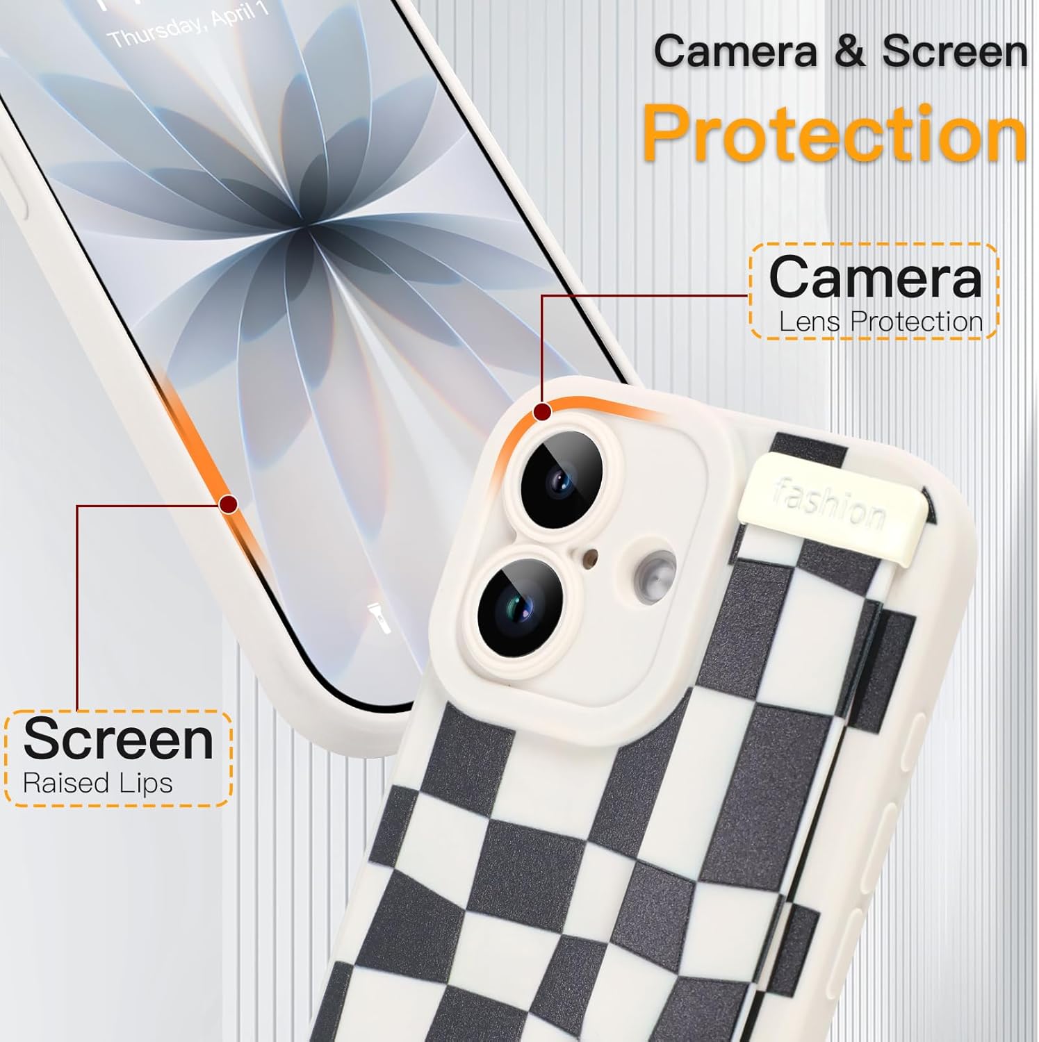 SOKAD for iPhone 17 Case with Wrist Strap Kickstand, Cute Checkered Phone Case for Women Men with Finger Strap, Slim Soft Silicone Full Camera Protection Cover, Black & White - Image 3