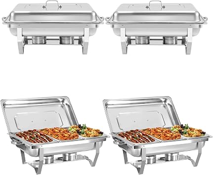 4 Pack 8QT Chafing Dish Buffet Set, Stainless Steel Buffet Warmer Sets, Silver Food Warmer with Foldable Frame Fuel Holder for Parties 4 Pack 1/3 Size Pan