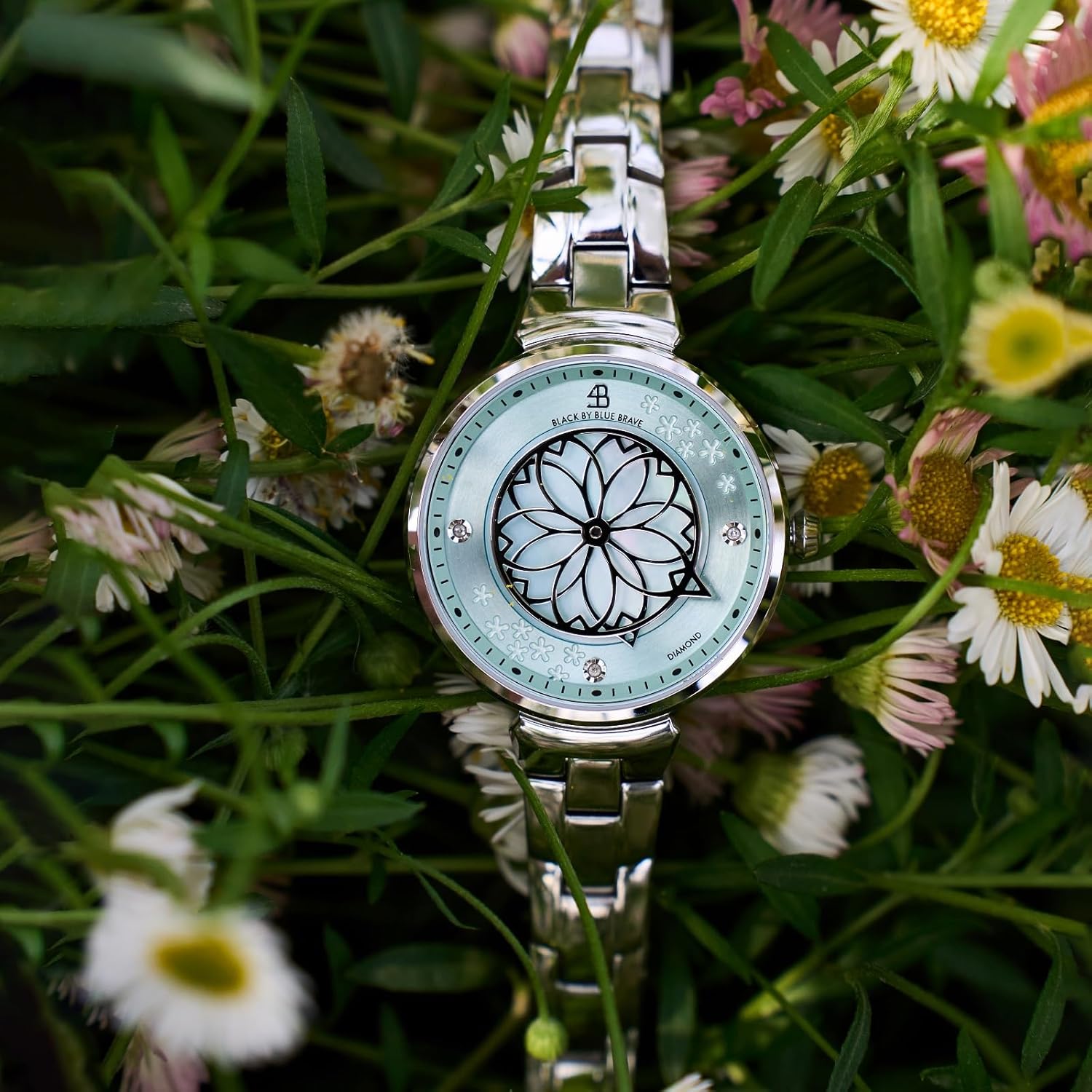 Women Watch Cherry Blossom 32mm Blue Mother of Pearl Dial with Genuine Diamonds, Sakura Petal Hand Silver Bracelet Ladies Watch, Elegant Watches for Women