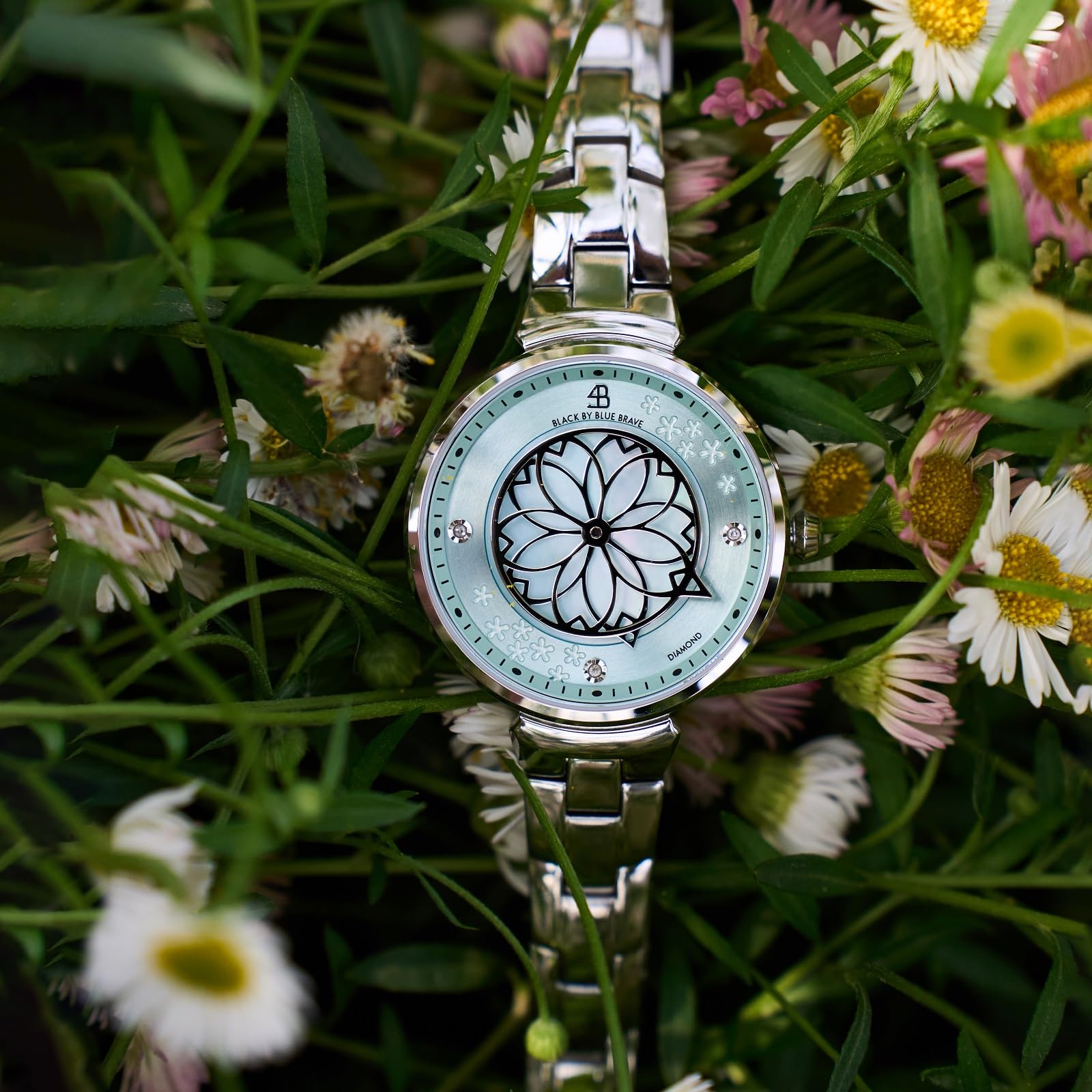 Reloj de mujer con diseño de flor de cerezo de 32 mm, esfera azul de nácar con diamantes auténticos, pulsera de plata con pétalos de Sakura, elegantes relojes para mujer
