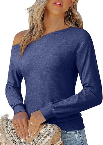 EVALESS Spring Tops for Women Trendy 2025 Fashion Sexy Off The Shoulder Tops Asymmetrical Boat Neck Long Sleeve Fall Summer Casual Going Out Blouses,Blue Medium