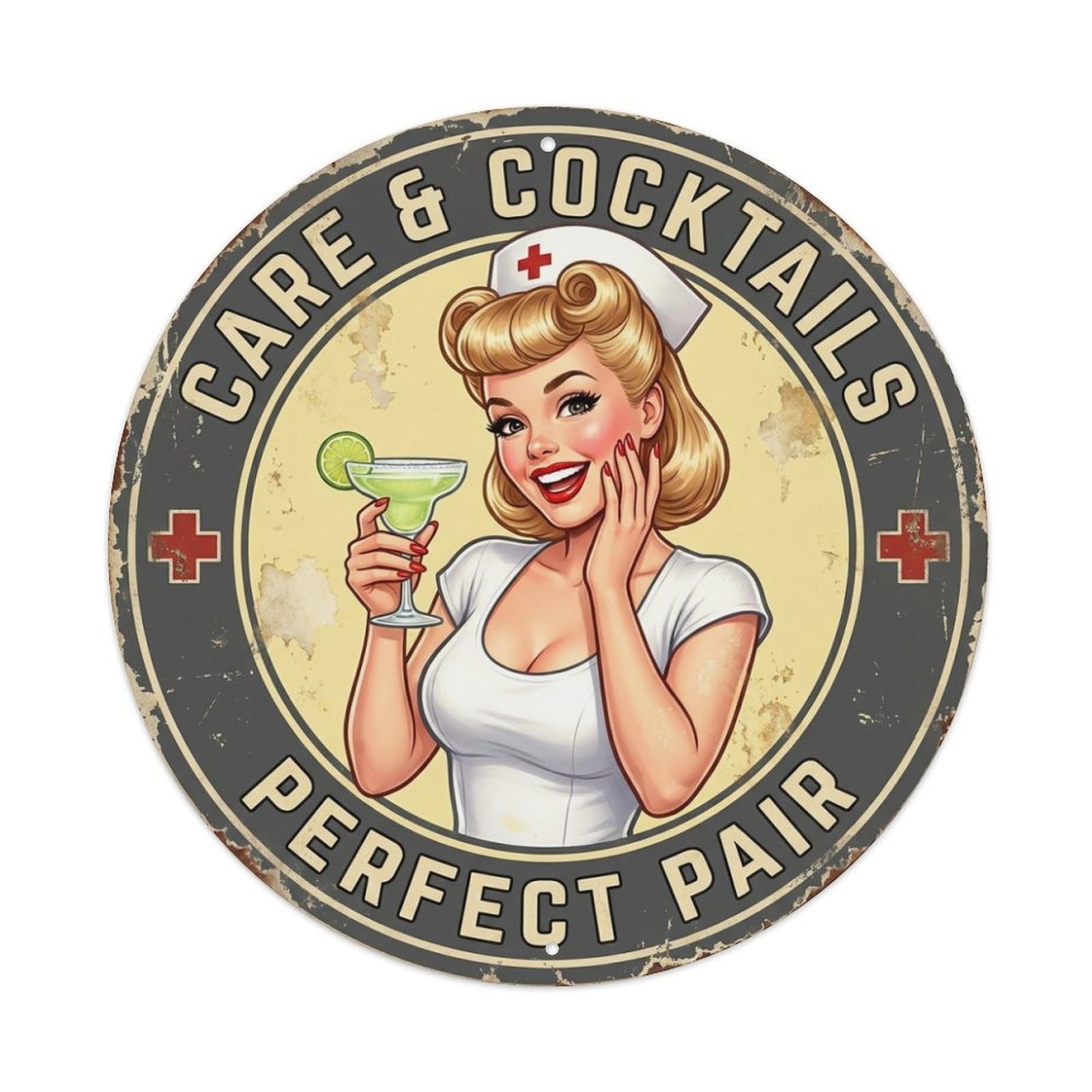 Care And Cocktails Perfect Pair Nurse Humor Metal Tin Sign