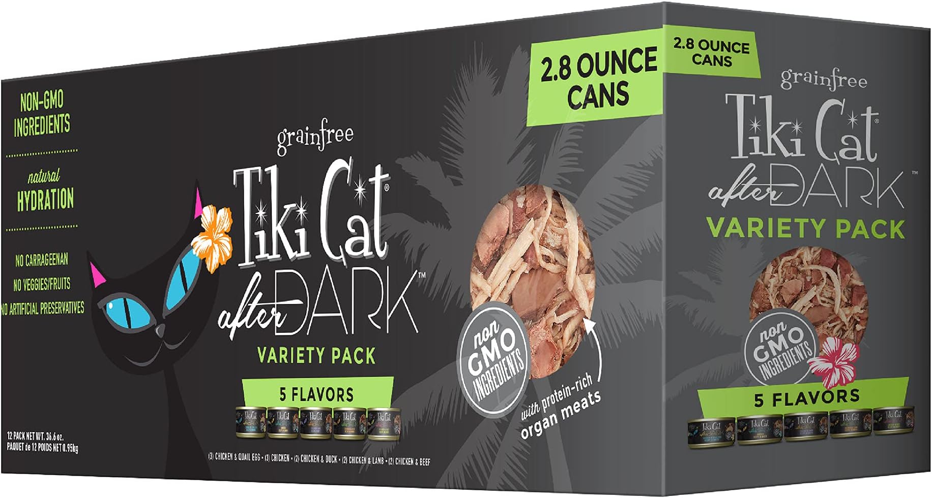 TIKI PETS Cat After Dark, Variety Pack, High-Protein and 100% Non-GMO Ingredients, Wet Cat Food for Adult Cats, 2.8 oz. Cans (Pack of 12)