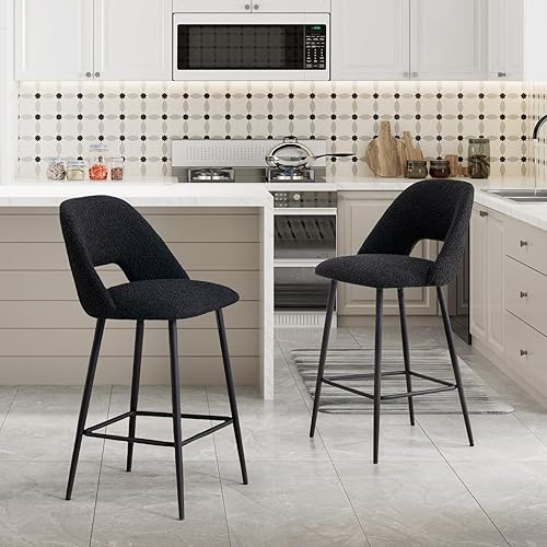 27’’ Boucle Bar Stools Set of 2, Upholstered Counter Height Stools with Open Back, Modern Barstools for Kitchen Island, Home Pub, Black