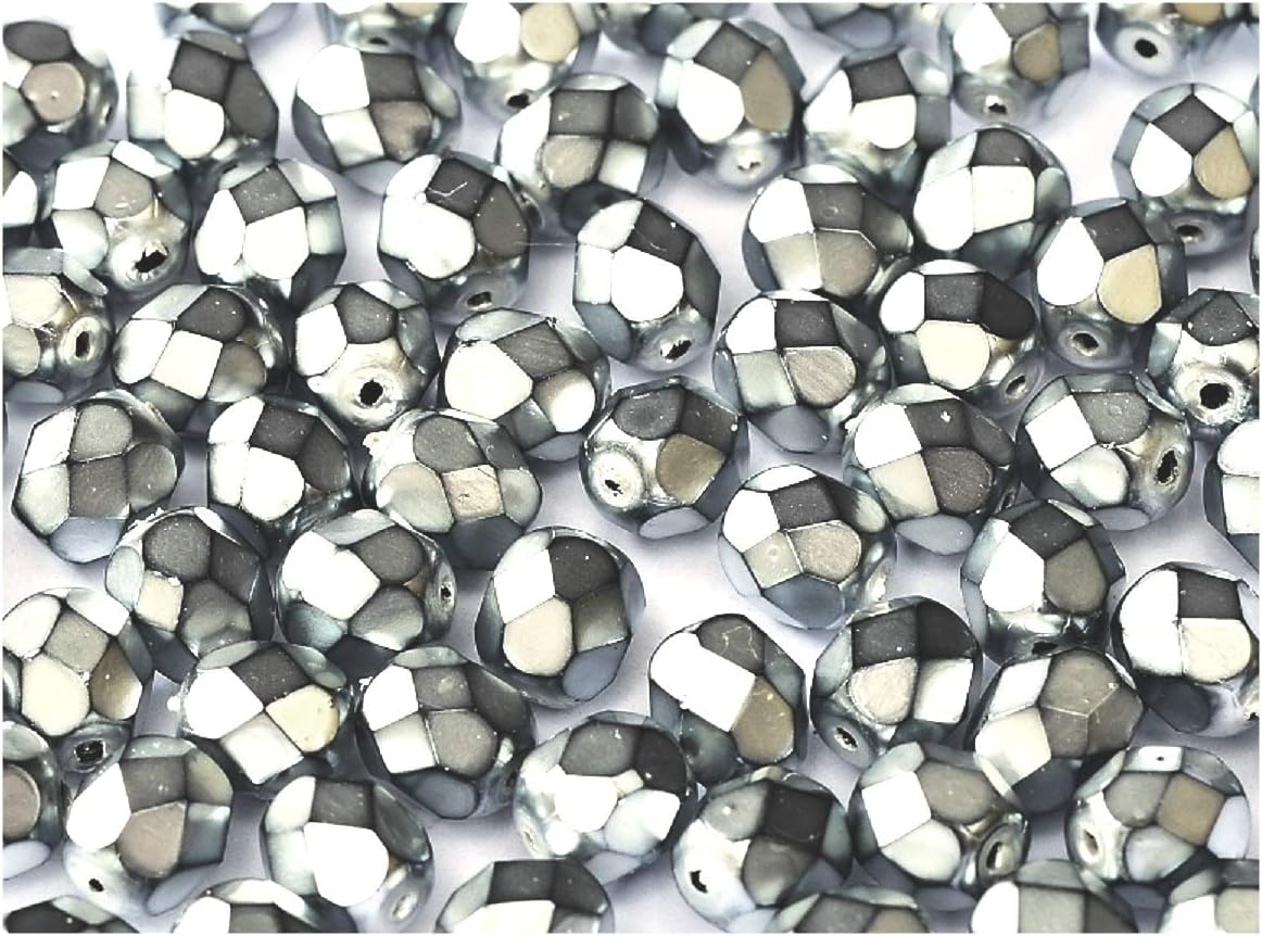 100 Pieces Czech Fire Polished Beads, Round 4 mm, Jet Heavy Metal Silver