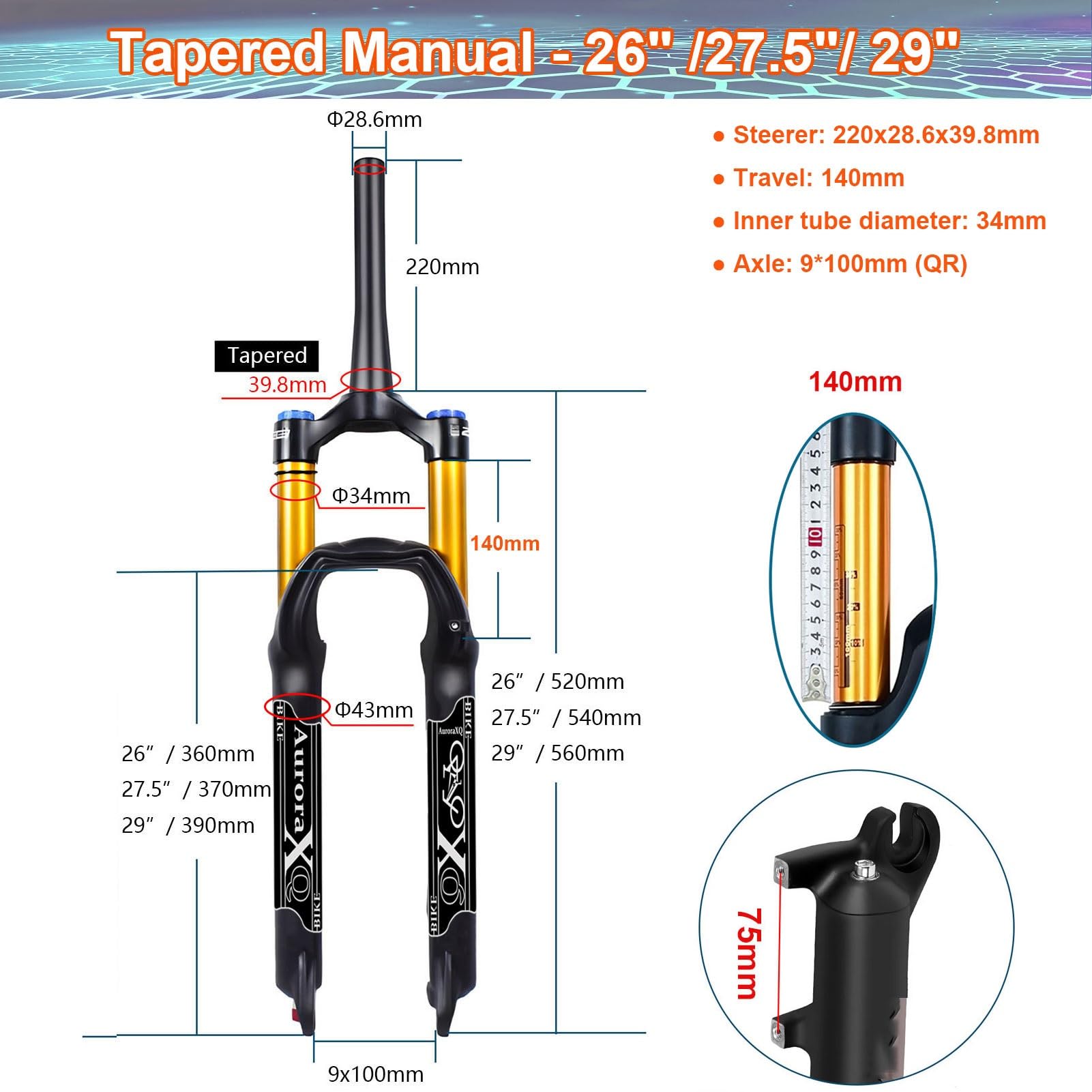AuroraXQ Fourche Avant de VTT 26/27,5/29 Pouces, Droite/Conique Freins à Disque Alliage de Magnésium Voyage 140mm QR 9mm Fourche Vélo Suspension