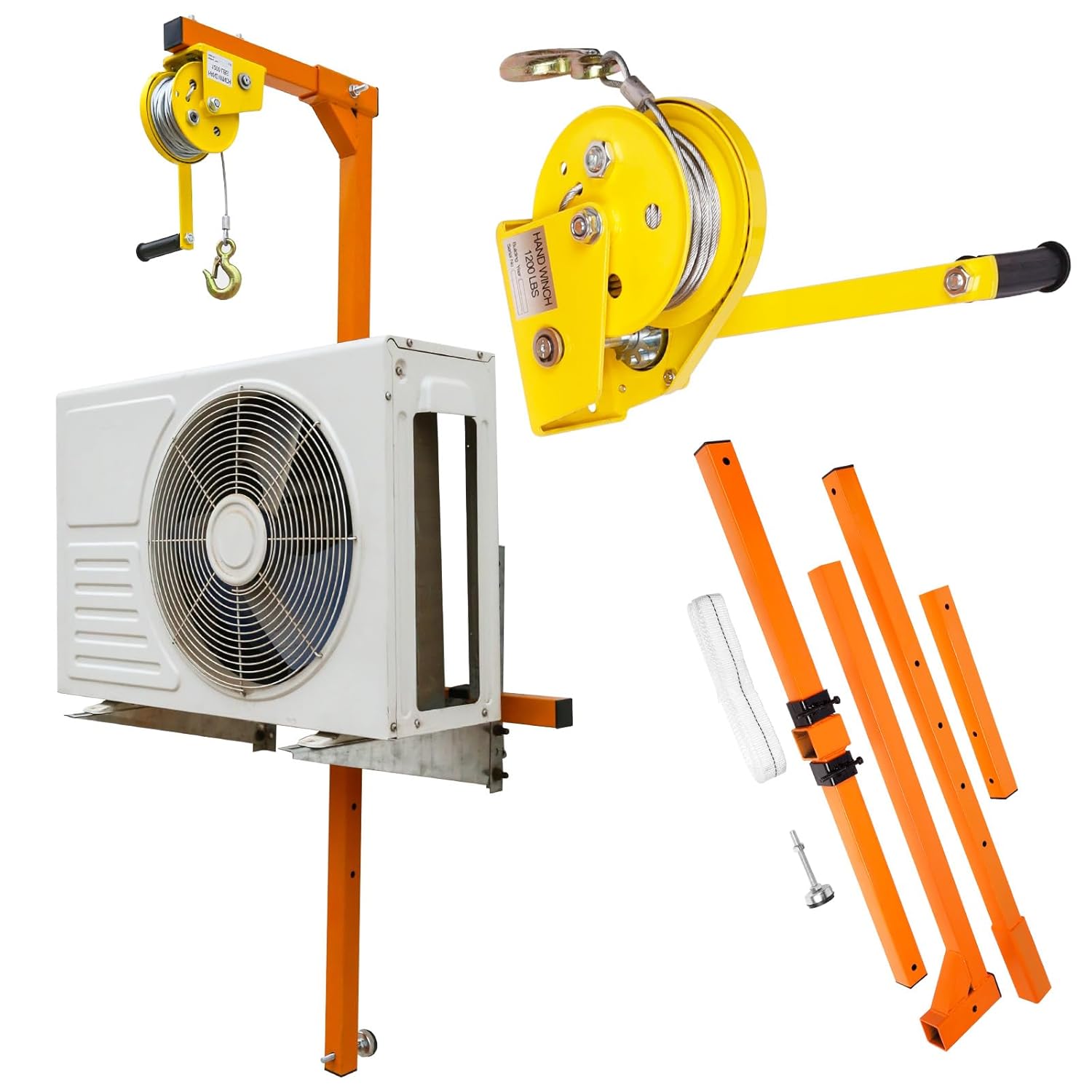 Air Conditioner Lifting Tool 55 FT Lifting Height, Air Conditioner Lifting Cranes, 1200 LBS Load Capacity, Crane Bracket for Installation of Outdoor Air Conditioner, Manual Winches, Orange