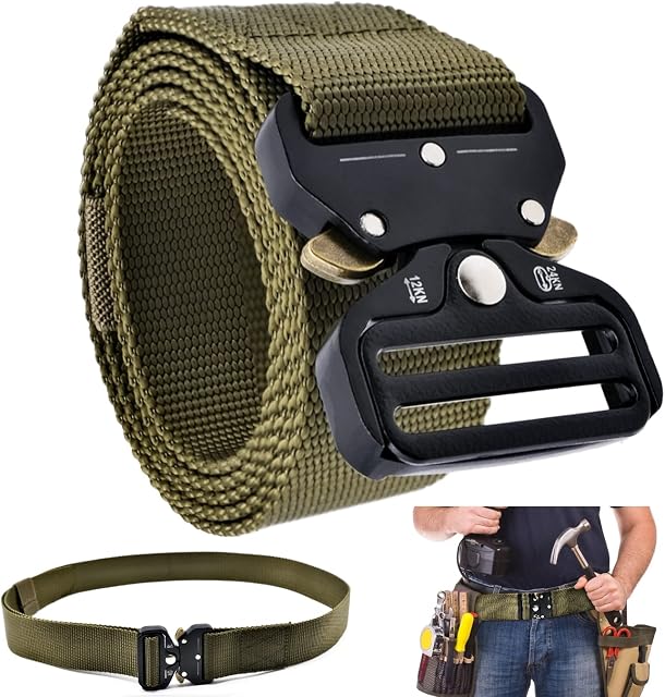 Tactical Belt, Mens Belt Tactical Military Style Heavy Duty Nylon Canvas Waist Belt Quick Release Metal Buckle Military Hiking Heavy Duty Belt Work Belts for Work Outdoor Military Leisure Army Green