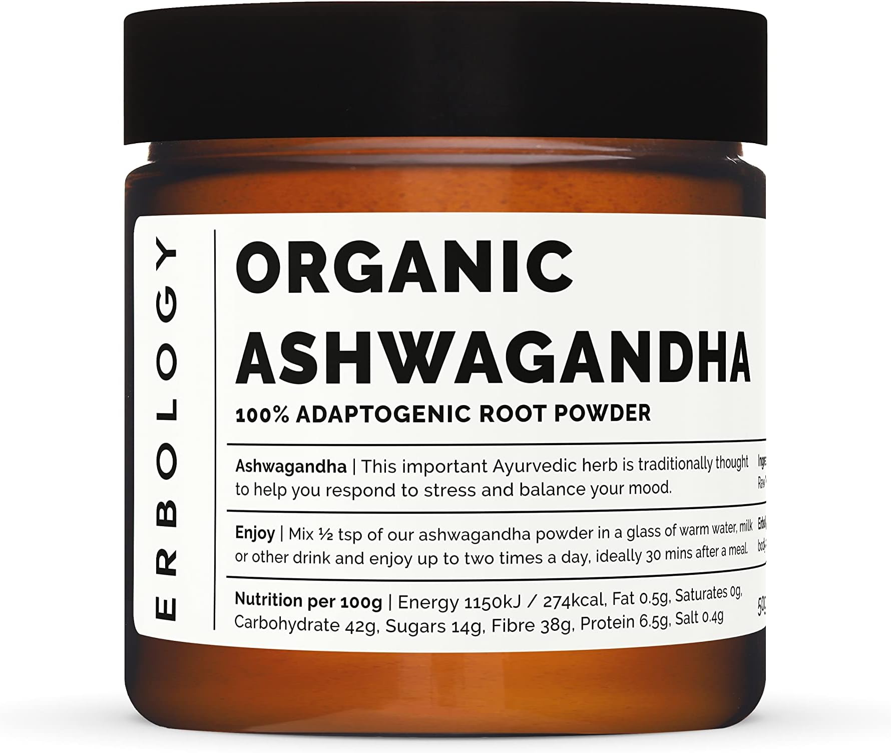 Erbology Organic Ashwagandha Powder 50g - 25 Servings - Sleep Aid - Rich in Withanolides - Sustainably Sourced Straight from Farm in India - Small Batch - Vegan - GMO-Free - Recyclable Glass
