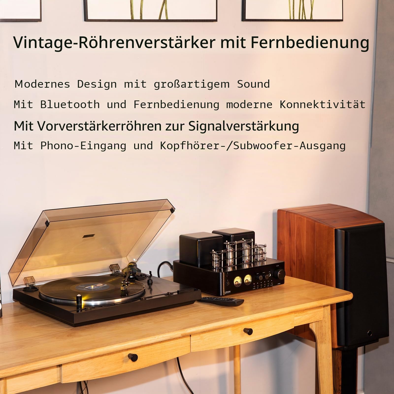 Juson Audio JTA50 50W x 2 Röhrenverstärker | Class AB HiFi Verstärker mit BT 5.0 | Phono Vorverstärker | AUX, Koax, USB & Subwoofer-Ausgang
