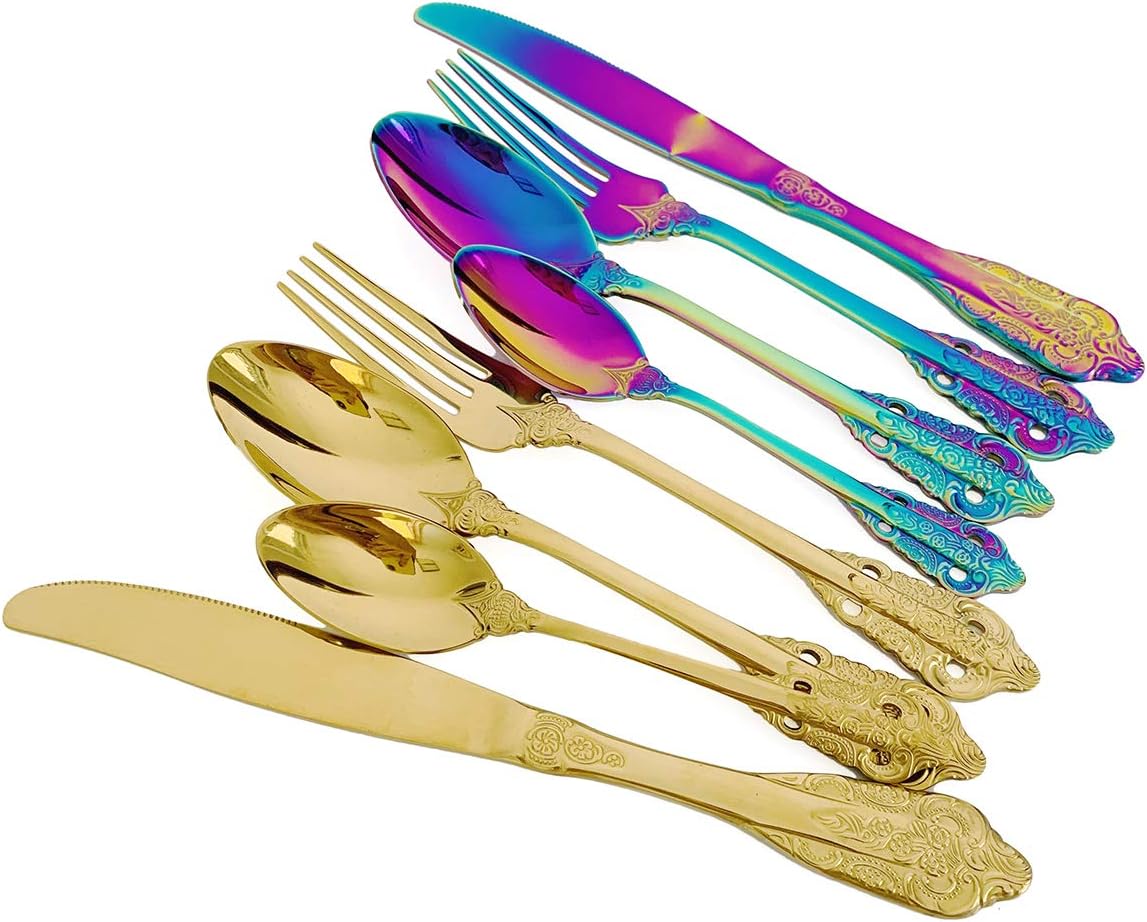 24-Piece Rainbow Silverware Set, 304 Stainless Steel Flatware Set Service for 6, Tableware Cutlery Set for Home Restaurant Party, Dinner Forks/Spoons/Knives, Round Edge & Matte Finish, Dishwasher Safe