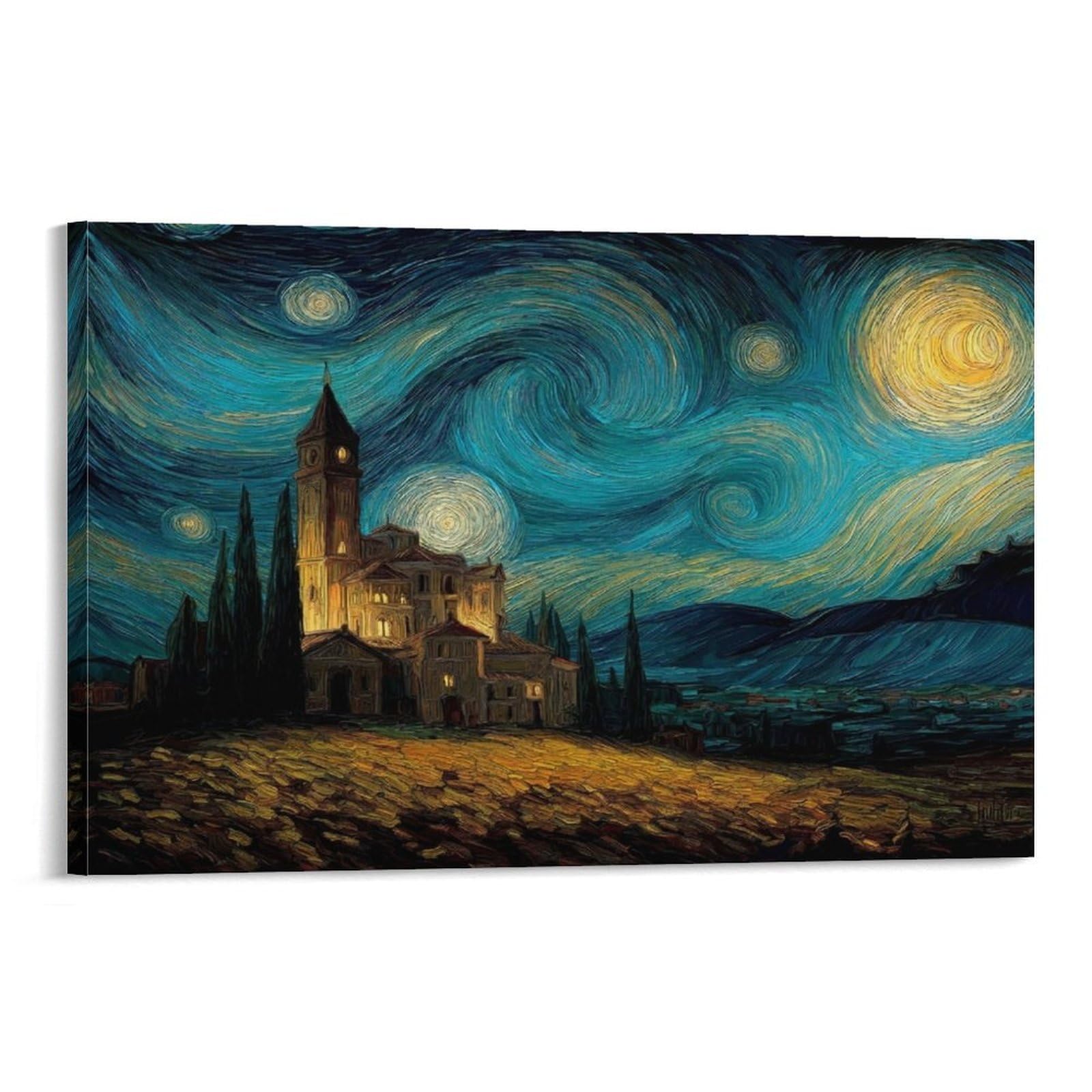 CPLVKWRQJ Starry Night Church 1 Piece Swirly Starry Night Castle Landscape Art Canvas Wall Hanging - Nursery Space Saving Removable Ready to Hang Wall Decor 20x30inch(50x75cm)