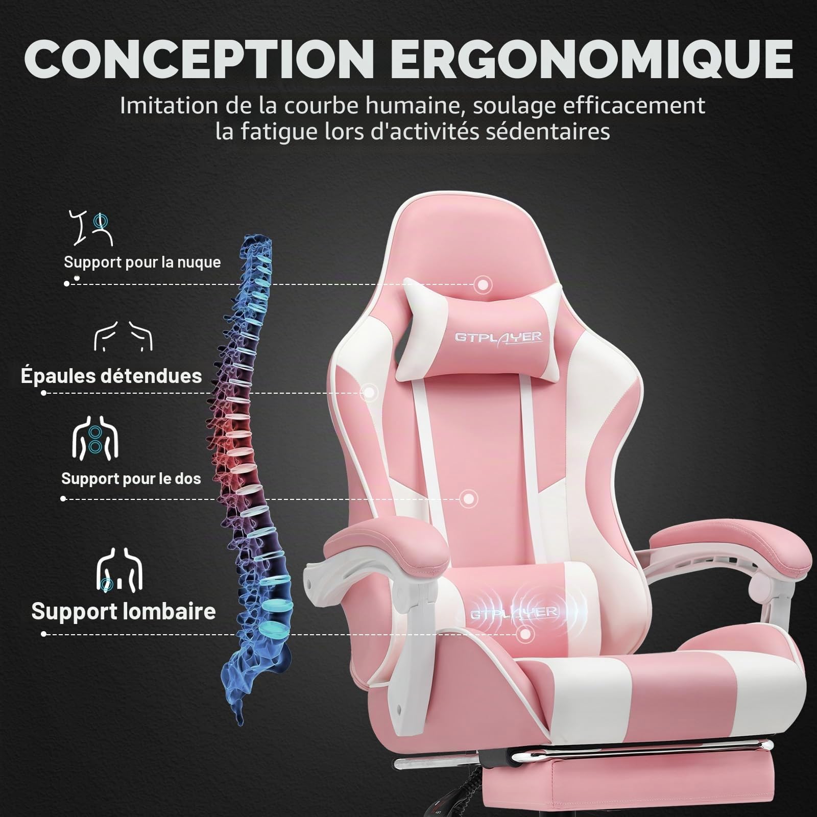 GTPLAYER Chaise de Jeu, Chaise de Bureau, Ergonomique, Fauteuil de Jeu avec Support Lombaire de Massage, Chaise de Travail avec Repose-Pieds et appuie-tête, Cuir synthétique, Supporte 150 kg, Rose
