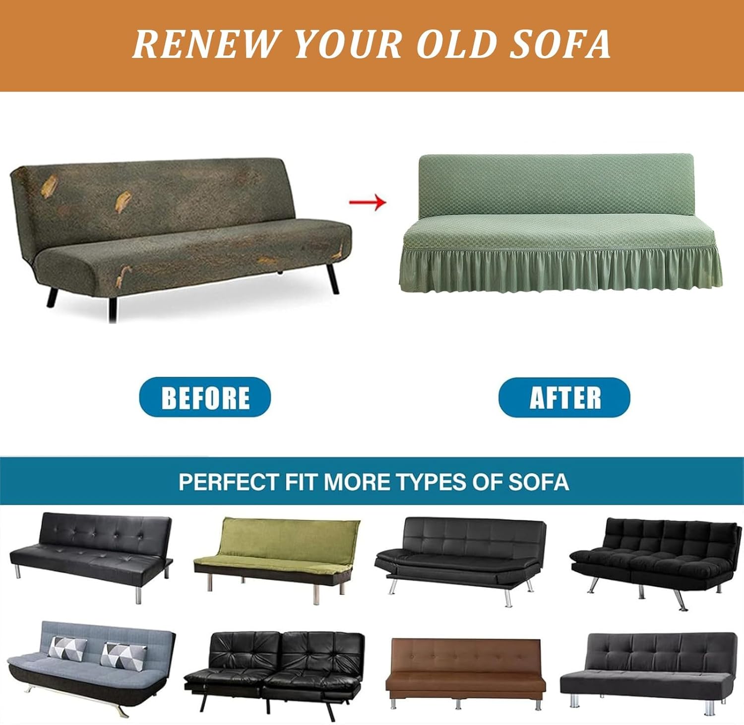 Armless Sofa Cover with Skirt Stretch Futon Covers Full Size with Elastic Bottom Folding Sofa Bed Slipcover Protector for Living Room Green