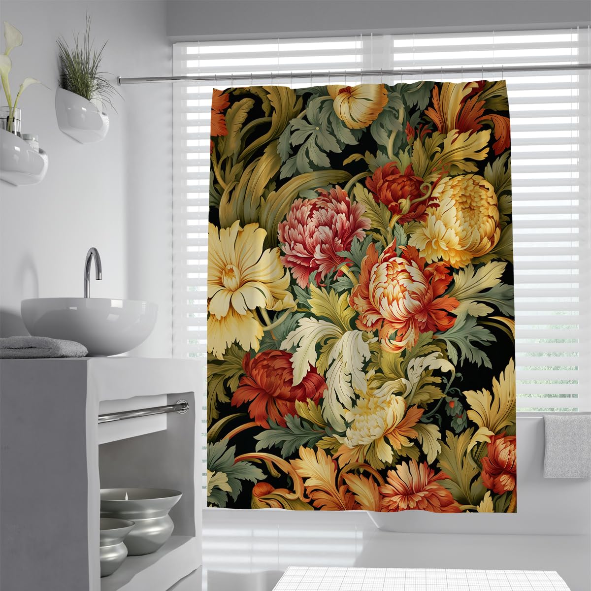 OLLIAR Home Peonies Floral Print Shower Curtain 100x180 Pretty Flower Pattern Modern Colorful Classic Design Vintage Style Cool Fabric Shower Curtains for Bathroom