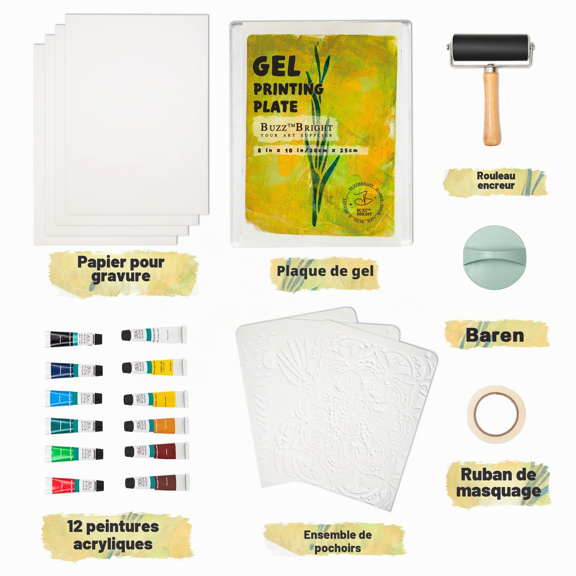Kit complet de plaques d'impression gel avec plaque de gélatine de 20,3 x 25,4 cm, brayer, papier de gravure, peinture acrylique et outils essentiels pour art mixte, monopintage,