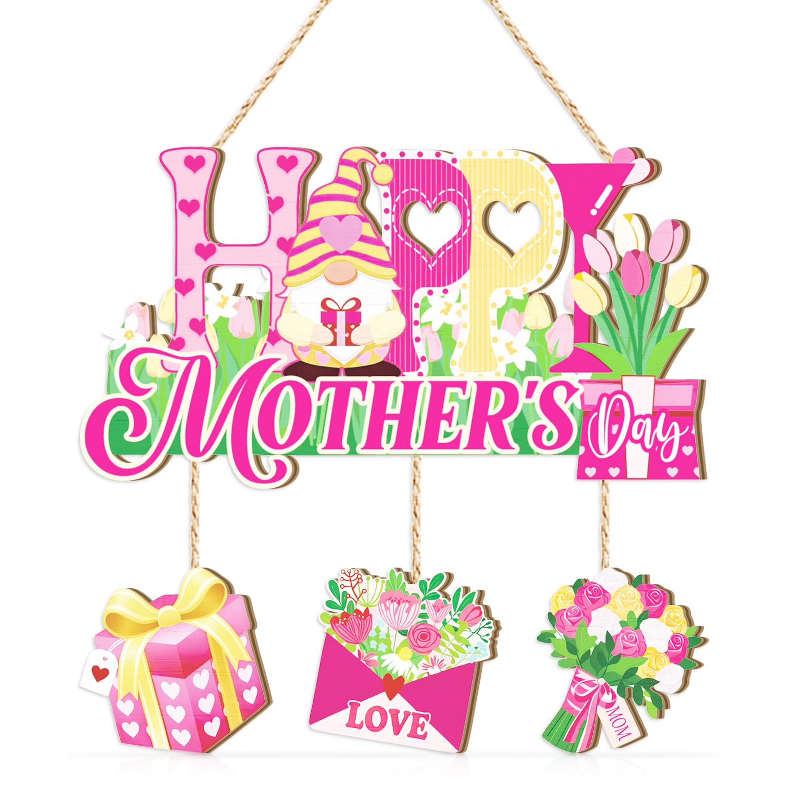 ANHUIB Happy Mother's Day Wooden Sign Gnome & Tulip Hanging Plaque Love Mom Pink Flower Wall Decor Floral Wreath Decor Gift for Mom Grandma Rustic Mother Gift Sign for Home Front Door Porch Garden
