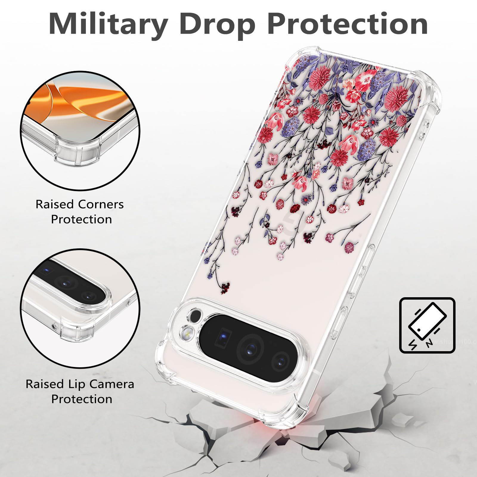 RALEAVO Compatible with Google Pixel 9 Pro XL Clear Floral Case Girly Soft Slim Bumper Case with Flower Pattern for Pixel 9 Pro XL-Red Flower - Image 3