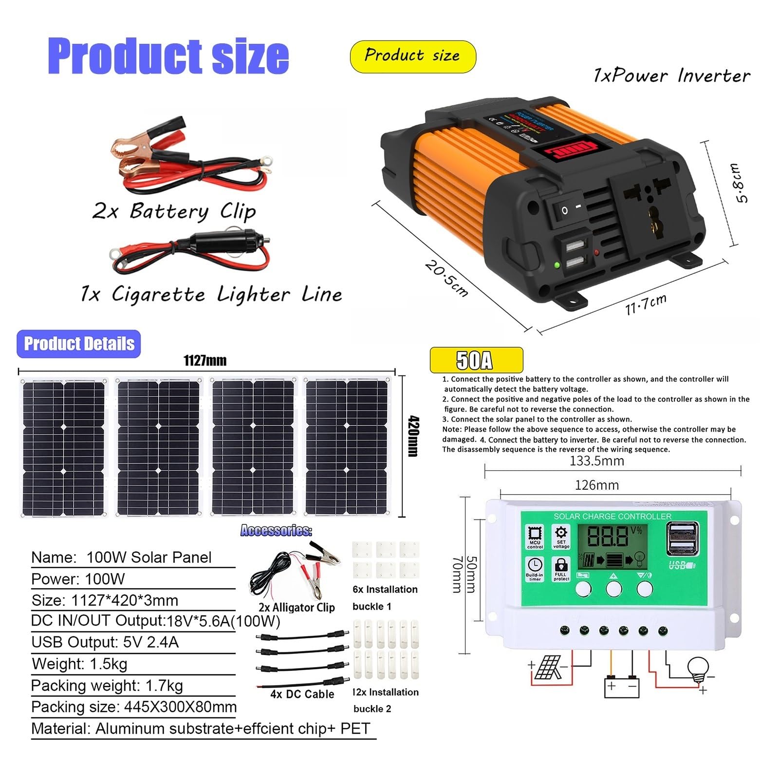 4000W/6000W Kit Solar Completo Con Inversor 100W Panel Y Controlador 50A | Panel Monocristalino Impermeable, Protección Múltiple De Circuitos, RV, Camping, Cabaña, Energía De Respaldo(4000W,12V-110V)