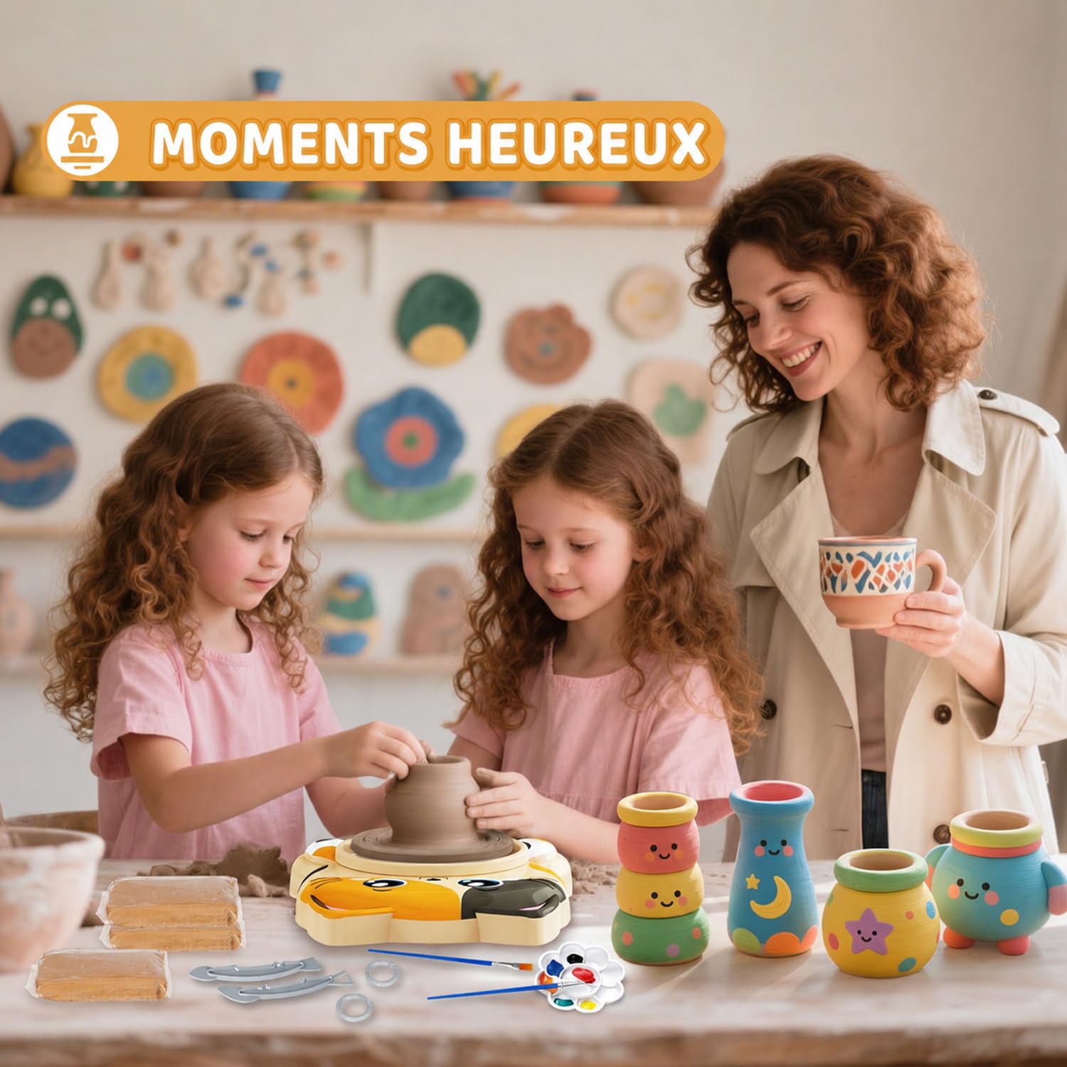 Kit Poterie Enfant - Jouet Tour de Potier Électrique - Atelier de Poterie Complet pour Débutants 6+ Ans avec 3 x Argile Auto Séchante – Activité Manuelle Enfant Cadeau pour Garçons/Filles (Motif Chat)