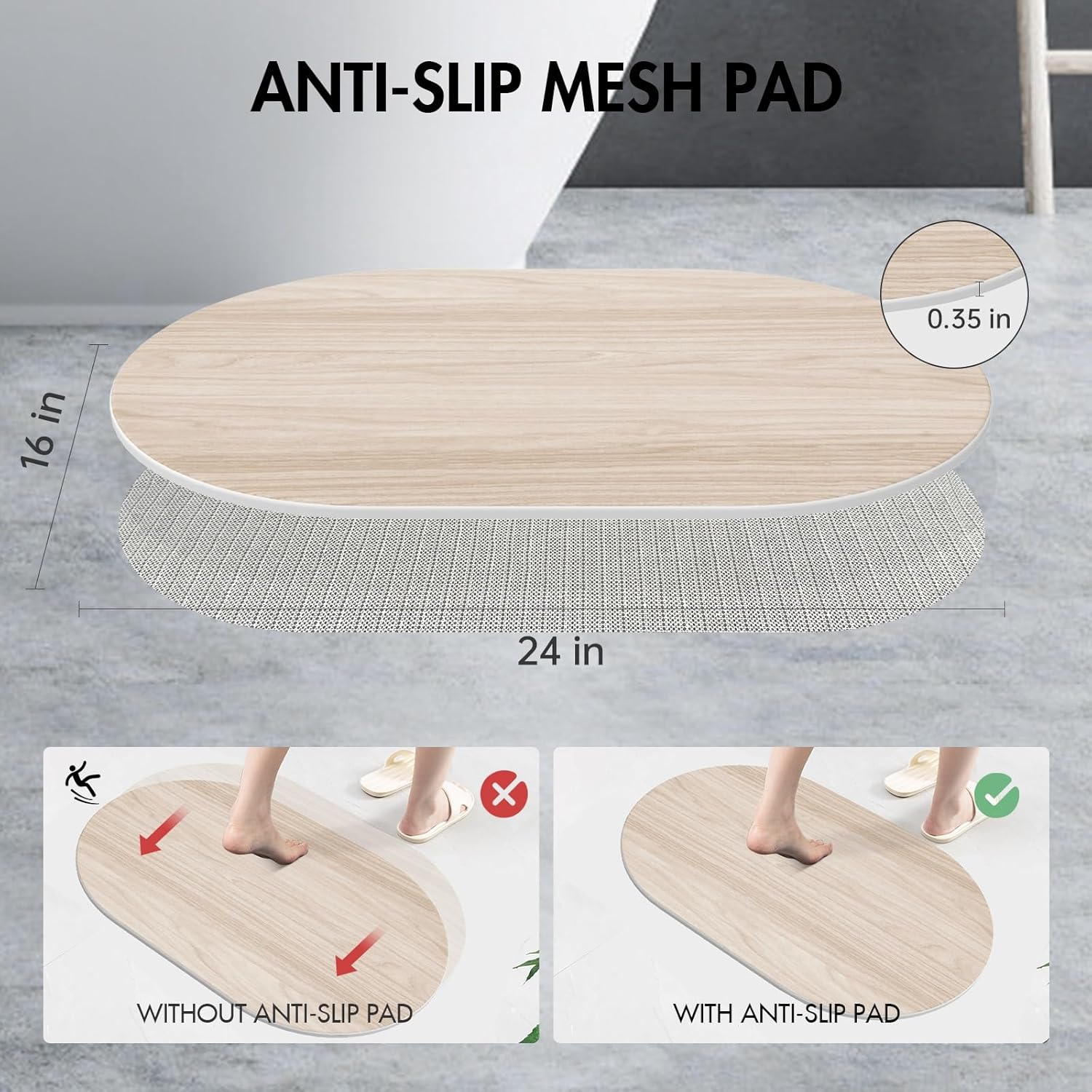 Stone Bath Mat for Bathroom|Diatomaceous Earth Bath Mat|Quick Dry Water Absorbing Bath Stone Mat Large|Non-Slip Bathroom Shower Rug|Easy to Clean (24×16'', Wood Grain, Oval) - Image 2