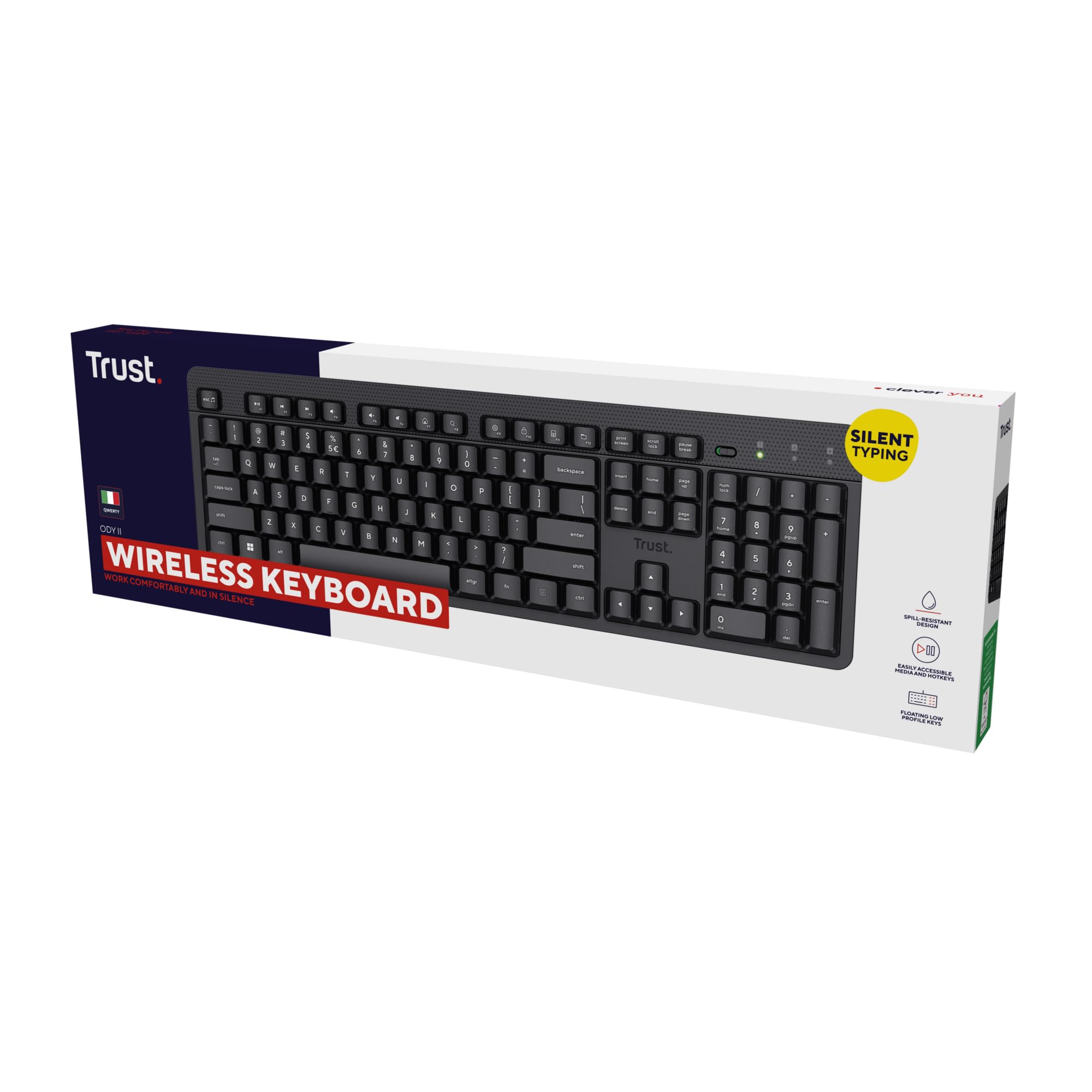 Trust Ody II Tastiera Wireless Silenziosa Layout Italiano QWERTY, Resistente agli Schizzi, Ricevitore USB 2.4GHz, Nero