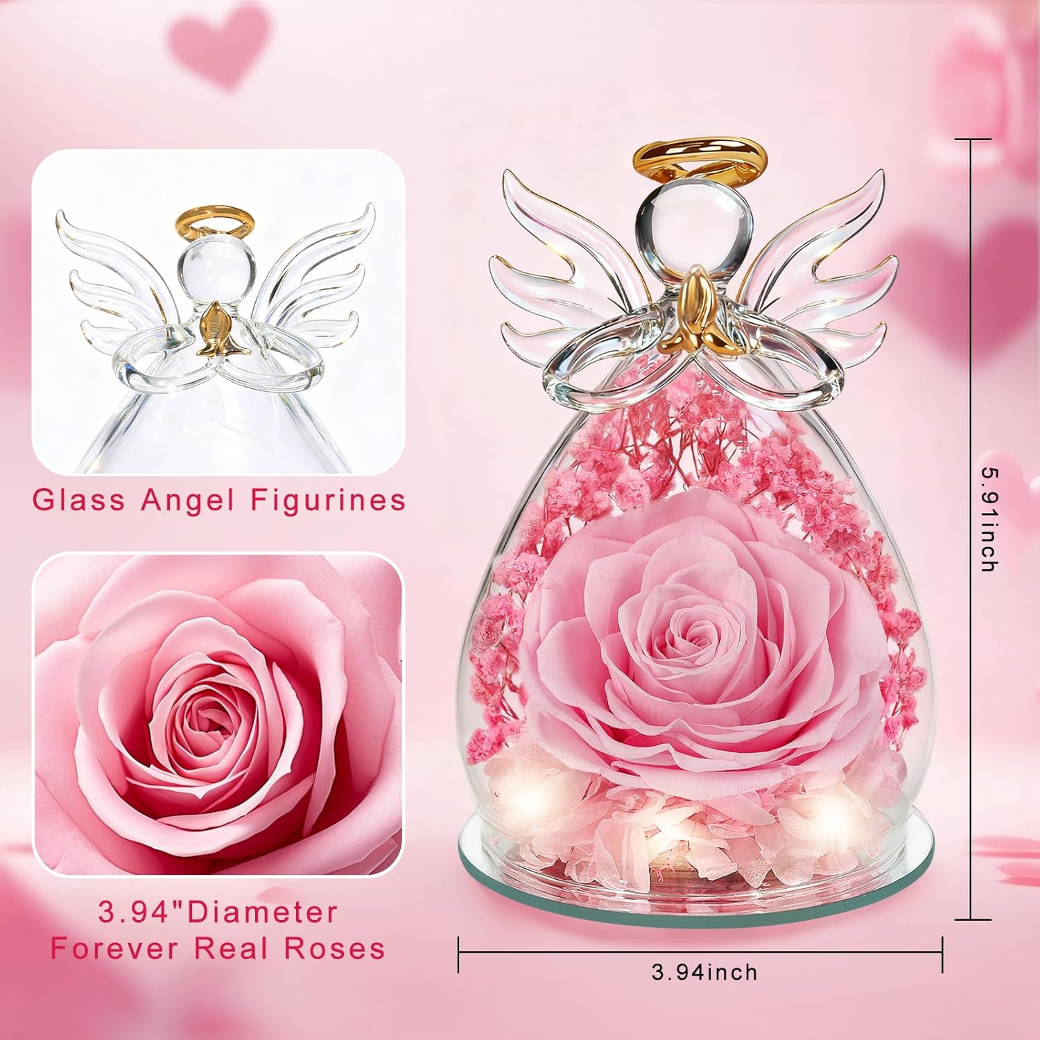 Mothers Day Rose Gifts for Mom Women Birthday Gift, Flowers for Delivery Preserved Flowers Forever Eternal Rose in Glass Angel Figurine Mother's Day Flower Gifts for Wife Daughter Grandma Sister Pink