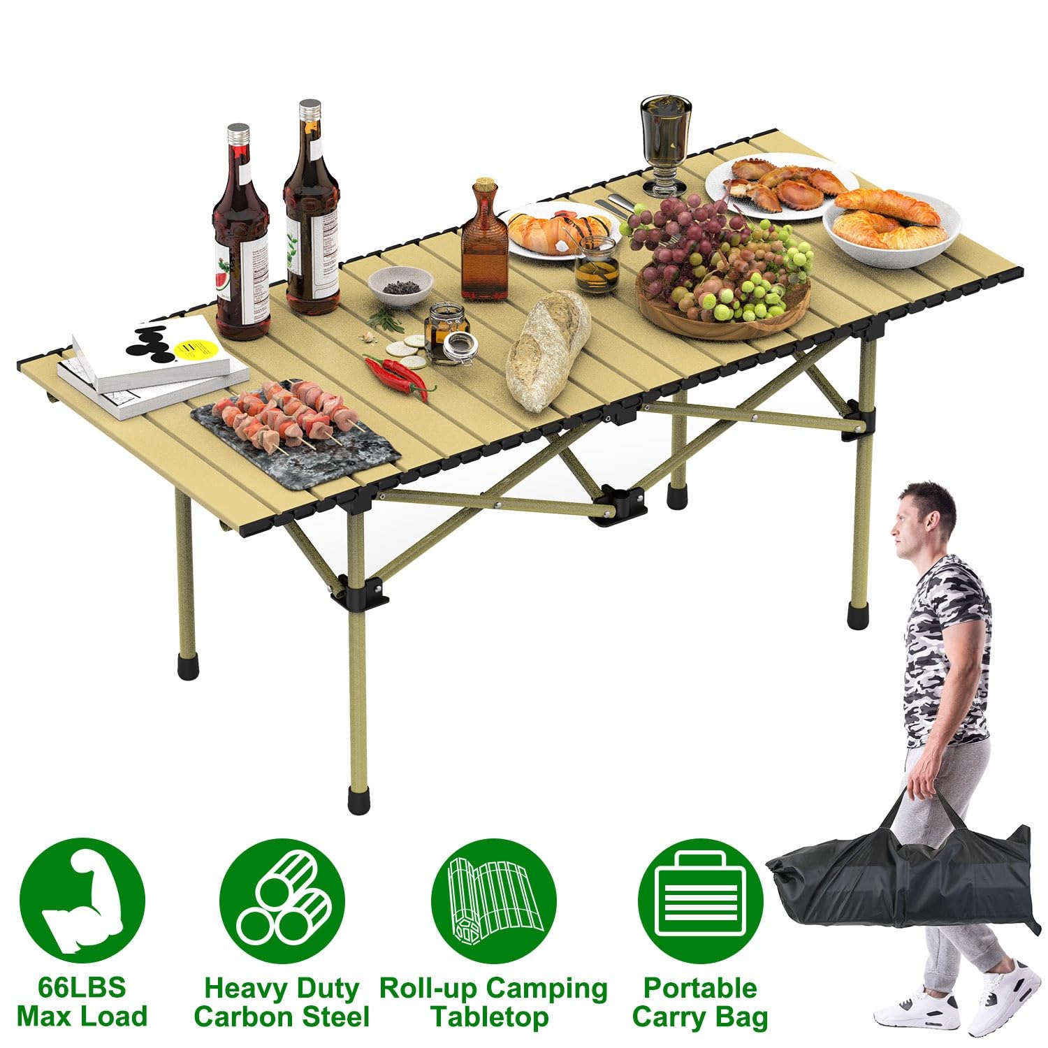 TeqHome Folding Camping Table Portable Lightweight Carbon Steel Roll-up Picnic BBQ Desk L